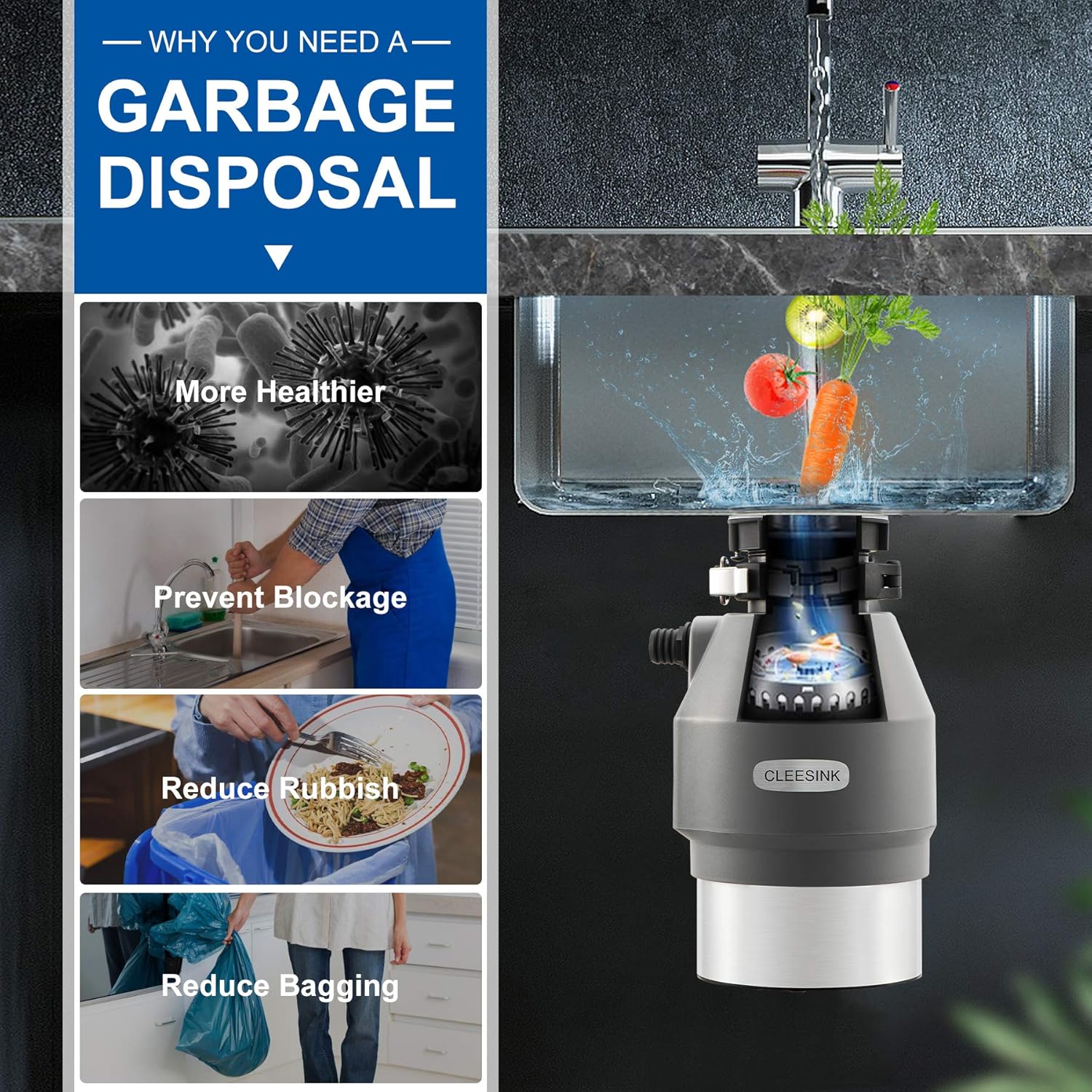 1/2 HP Garbage Disposal with Induction AC Motor Sound Reduction - 1.45L High Effect Grinding Food Waste Disposer by CLEESINK