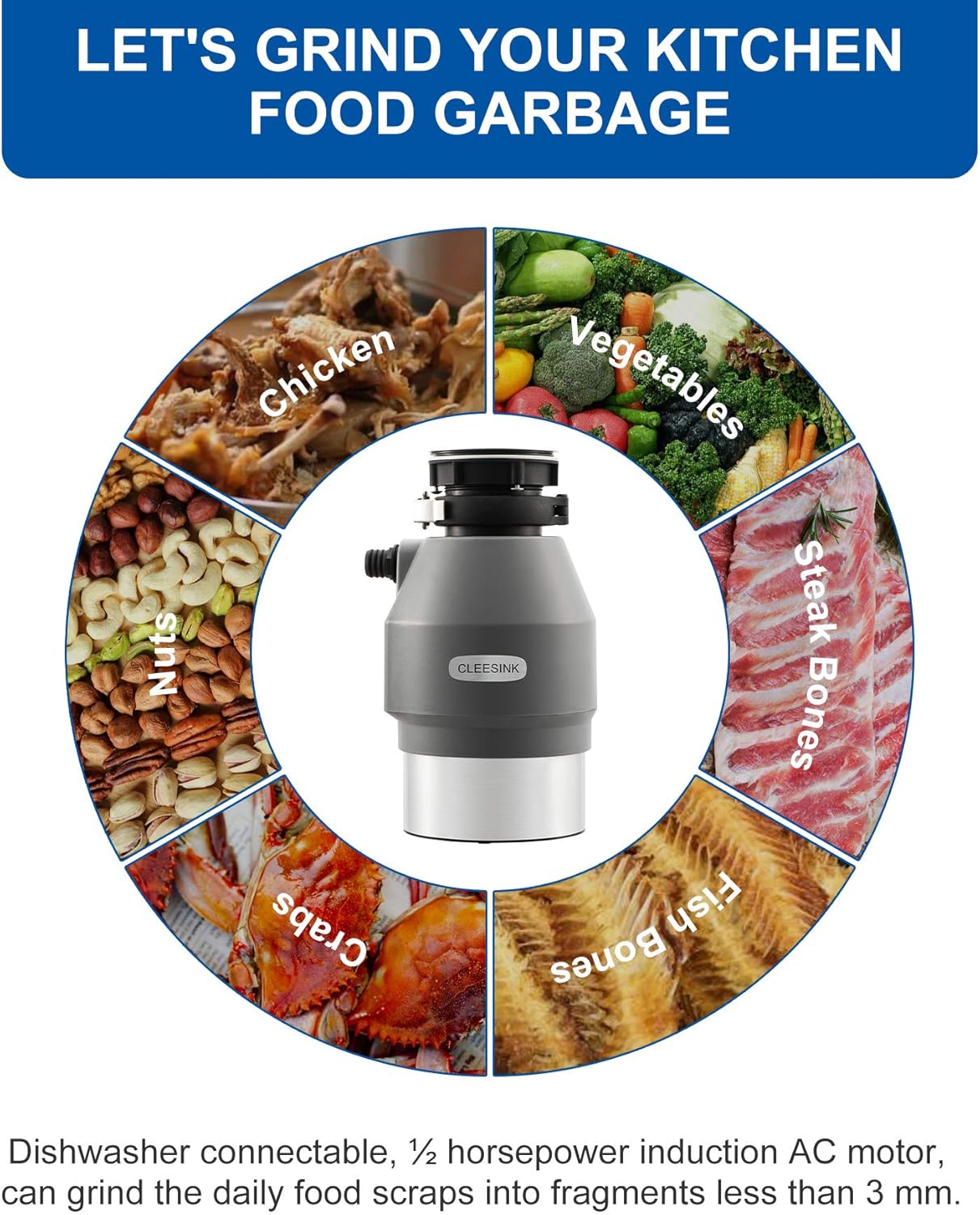 1/2 HP Garbage Disposal with Induction AC Motor Sound Reduction - 1.45L High Effect Grinding Food Waste Disposer by CLEESINK