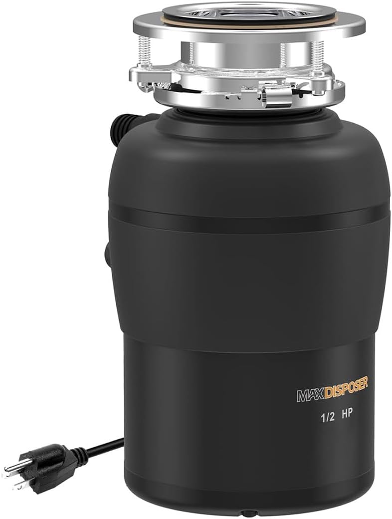 1/2 HP Quiet Garbage Disposal with Stopper and Power Cord - Stainless Steel Continuous Feed Waste Disposer