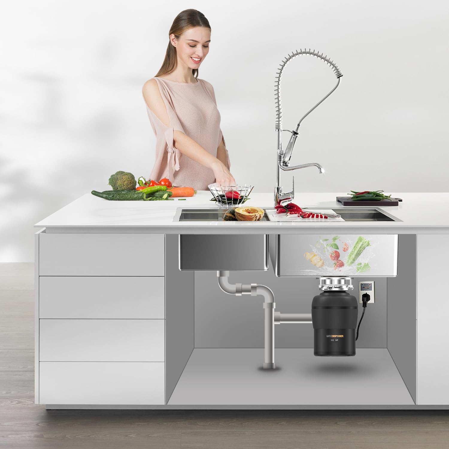 1/2 HP Quiet Garbage Disposal with Stopper and Power Cord - Stainless Steel Continuous Feed Waste Disposer