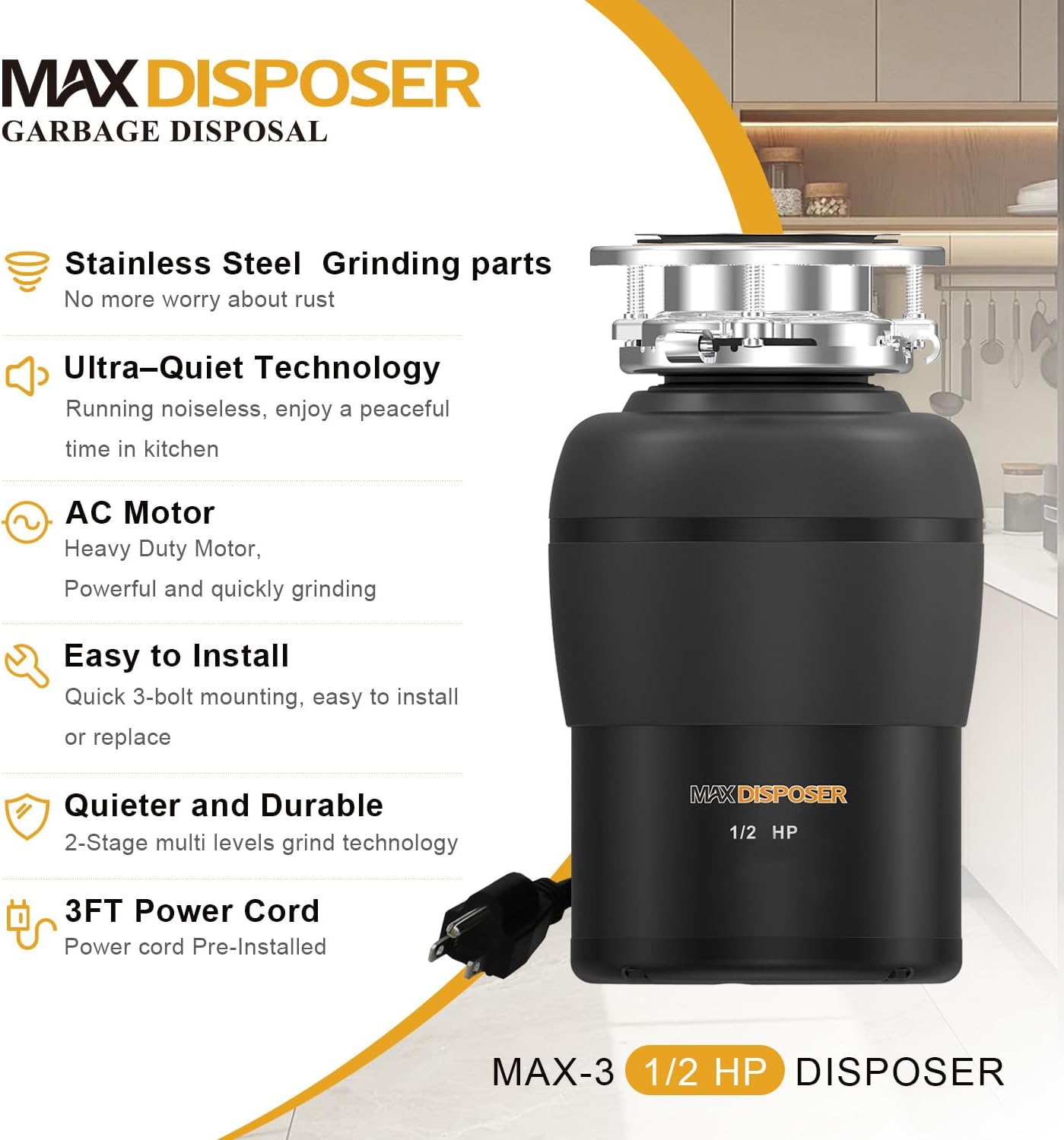 1/2 HP Quiet Garbage Disposal with Stopper and Power Cord - Stainless Steel Continuous Feed Waste Disposer