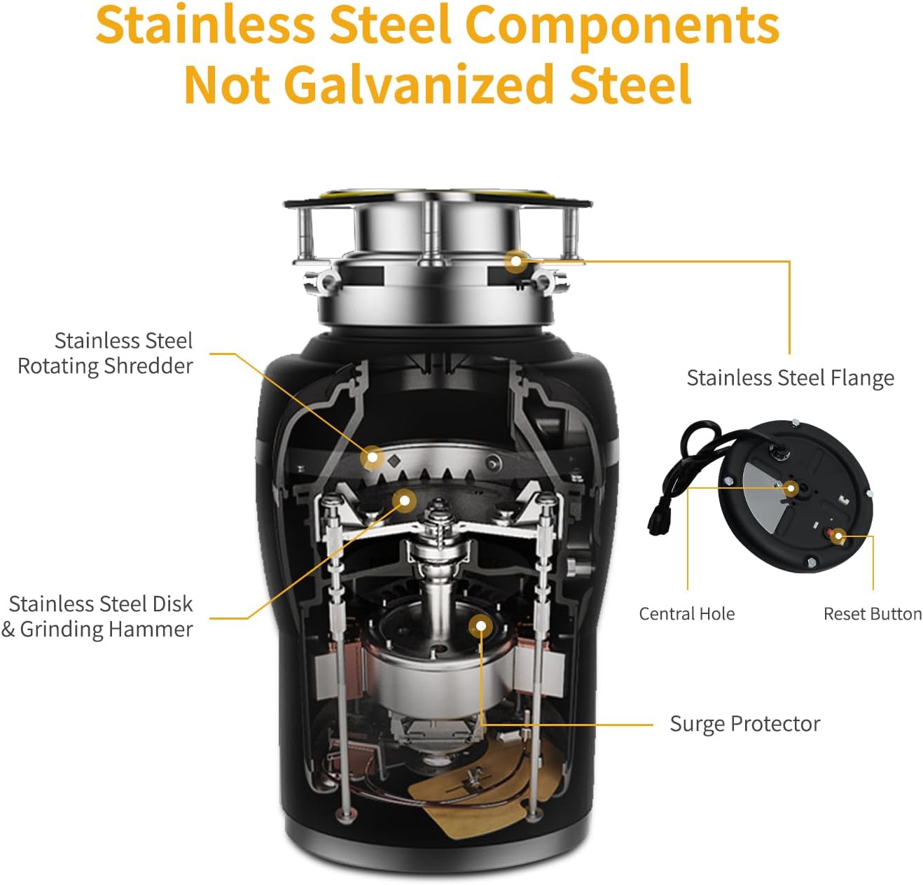 1/2 HP Quiet Garbage Disposal with Stopper and Power Cord - Stainless Steel Continuous Feed Waste Disposer