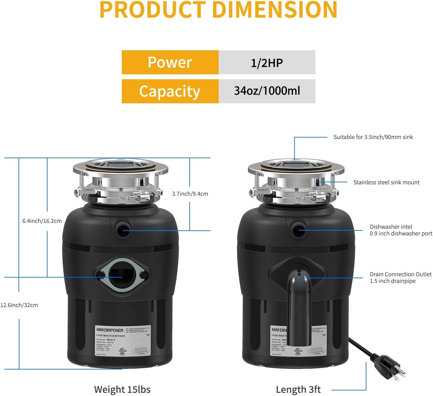 1/2 HP Quiet Garbage Disposal with Stopper and Power Cord - Stainless Steel Continuous Feed Waste Disposer