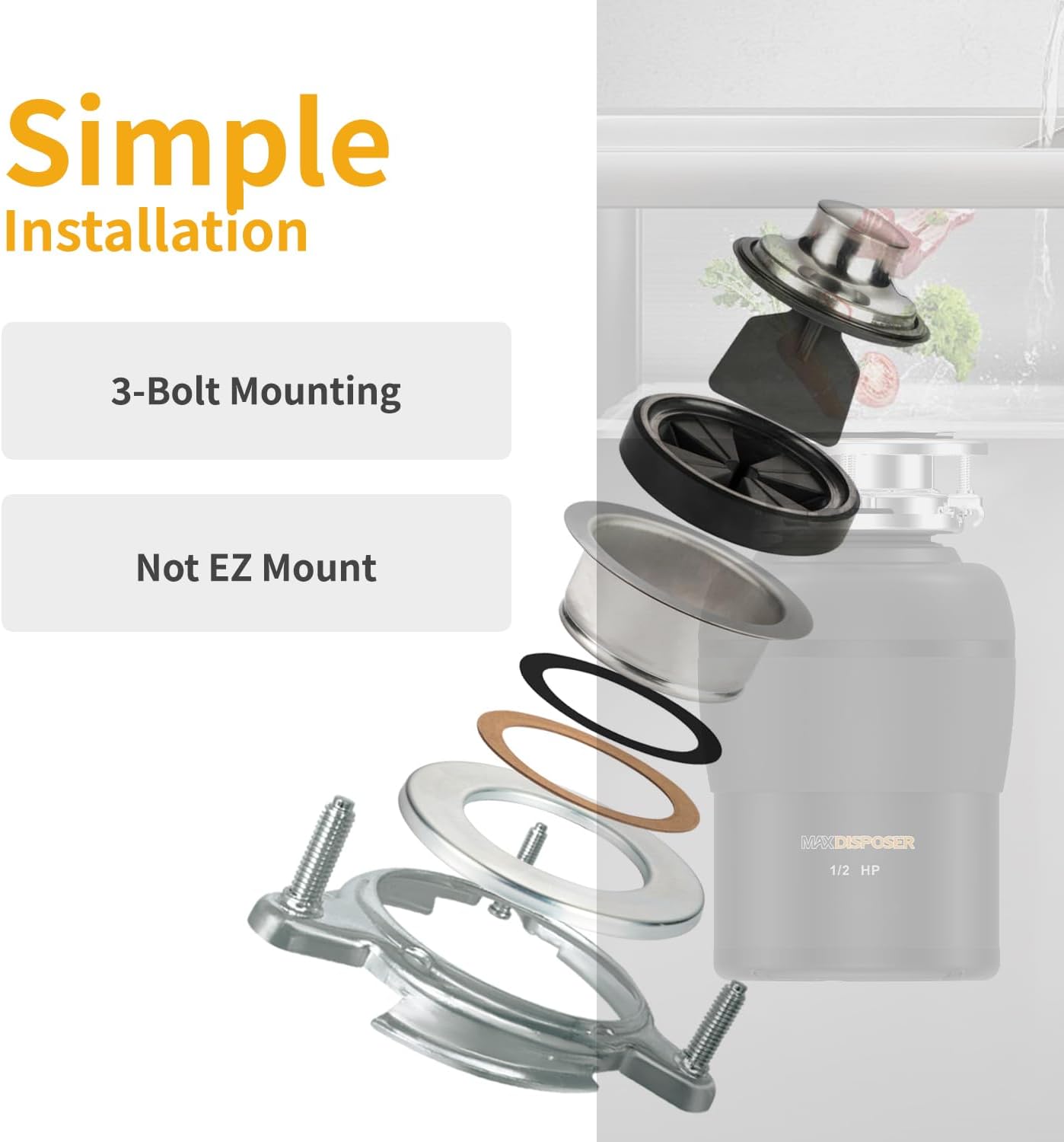 1/2 HP Quiet Garbage Disposal with Stopper and Power Cord - Stainless Steel Continuous Feed Waste Disposer