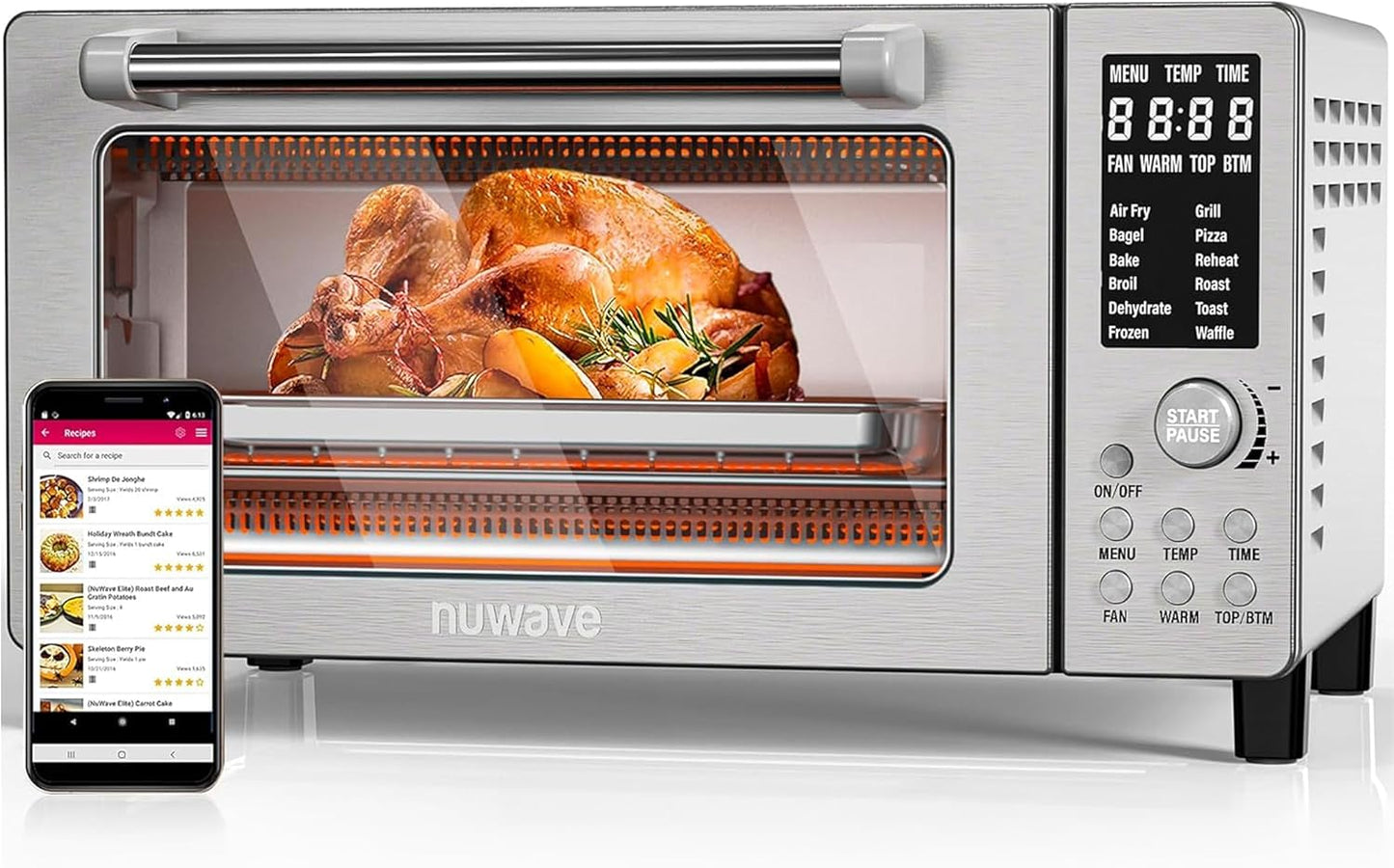 12-in-1 Nuwave Bravo Air Fryer Toaster Smart Oven, 1800W, 21-Qt Capacity, Temp Controls 50°-450°F, Stainless Steel