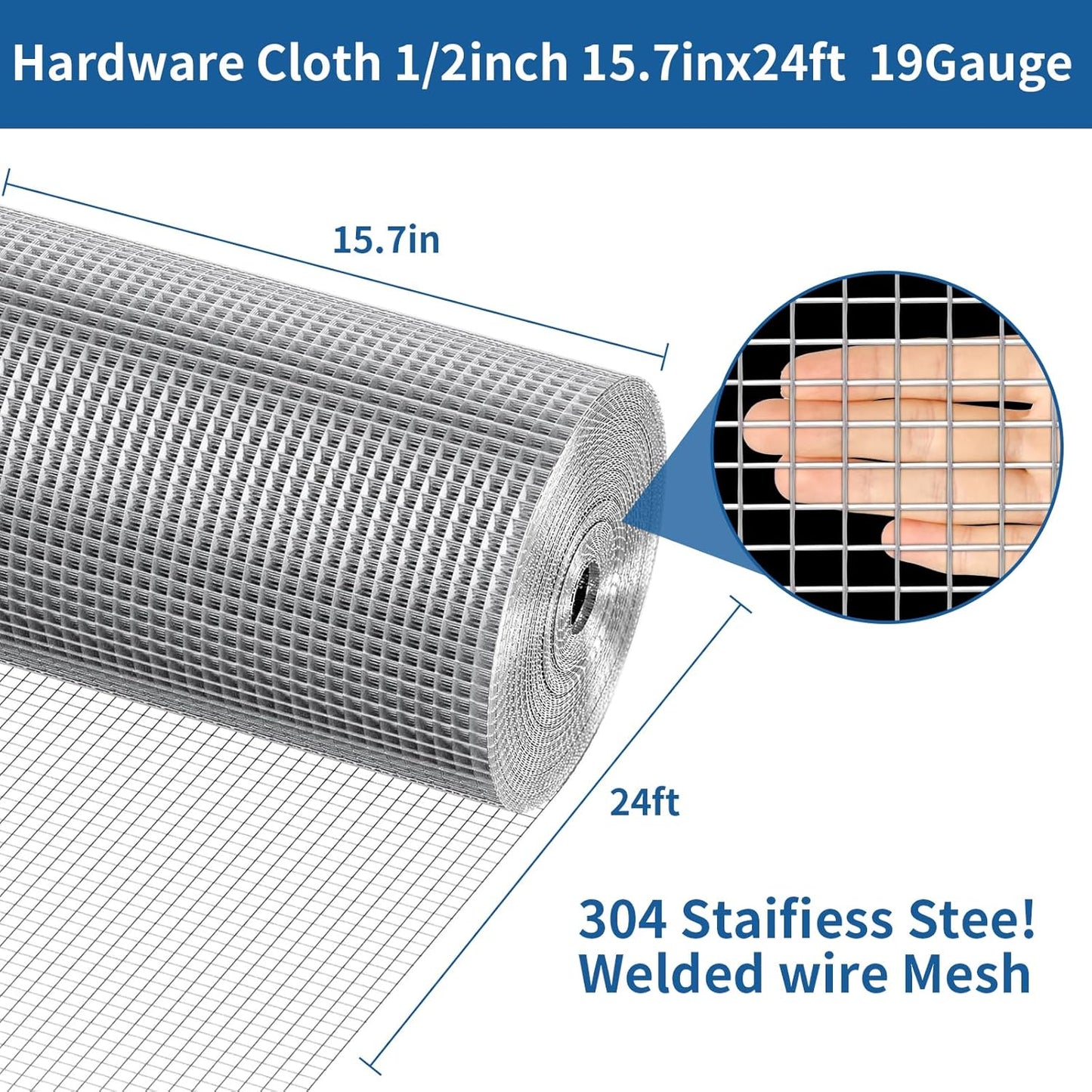 1/2 inch 19 Gauge 304 Stainless Steel Welded Wire Mesh Hardware Cloth - Chicken Wire Fence for Poultry, Garden, Plant Support - 15.7in x 24ft Cage & Containment Fence