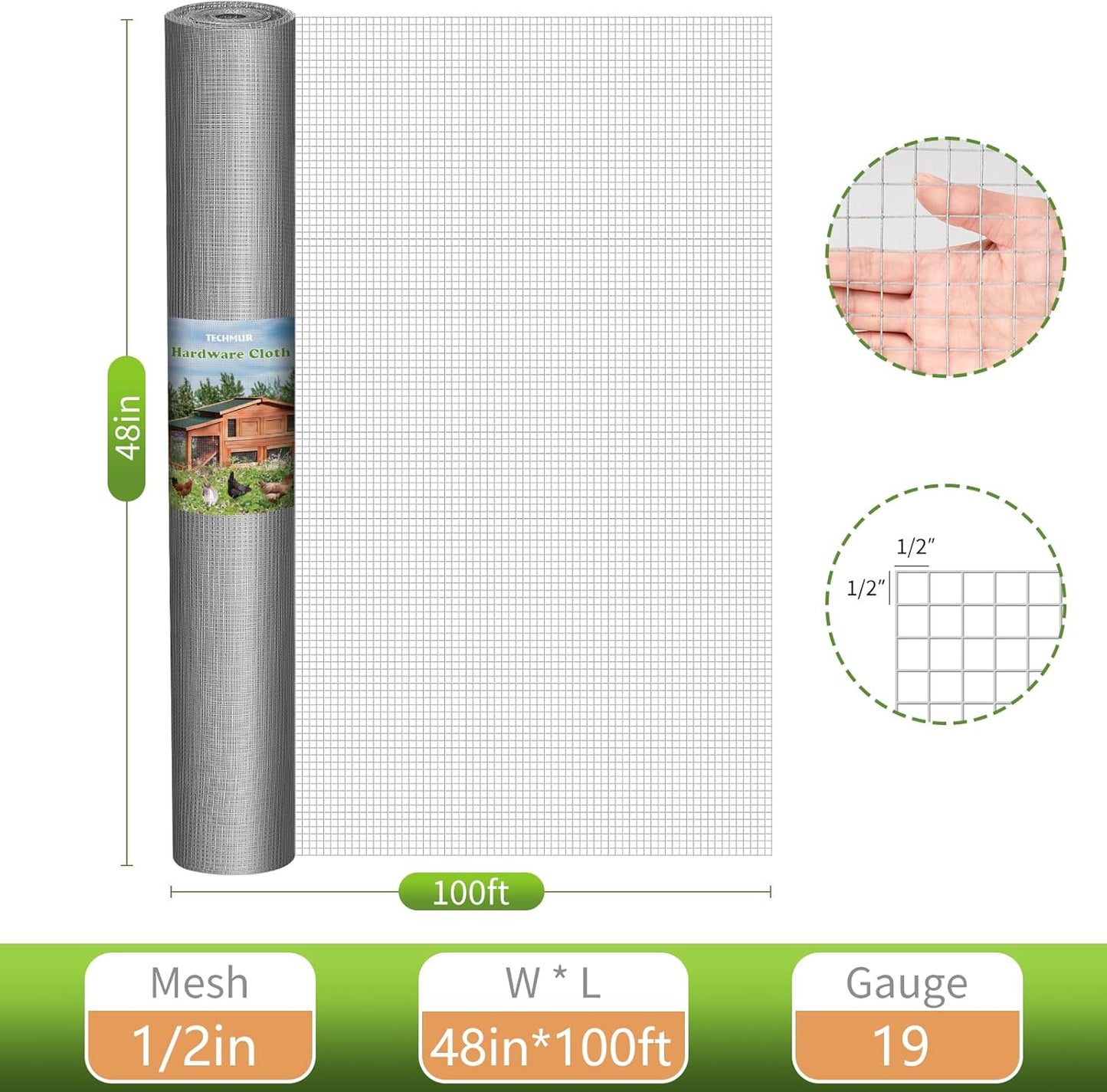 1/2 inch 48" x 100' 19 Gauge Hardware Cloth Wire Mesh Roll for Chicken Coop, Garden, and Poultry Netting