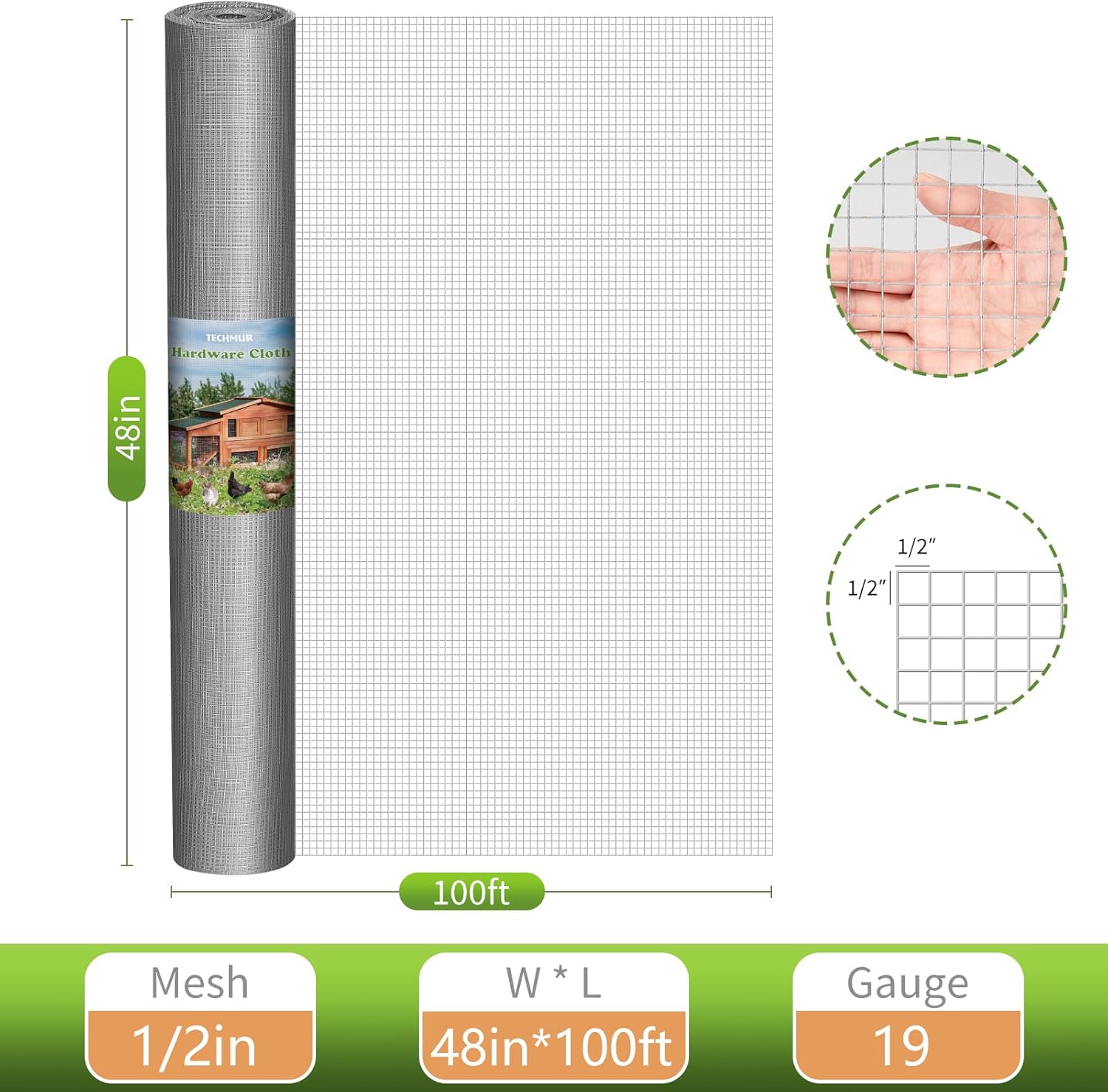 1/2 inch 48" x 100' 19 Gauge Hardware Cloth Wire Mesh Roll for Chicken Coop, Garden, and Poultry Netting