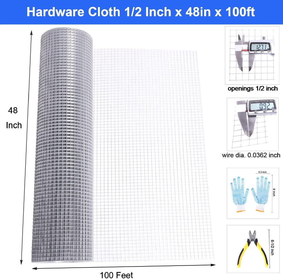 1/2 Inch 48x100 19Ga Hardware Cloth - Hot Dipped Galvanized Wire Mesh Roll for Chicken Coops, Rabbit Hutches, and More