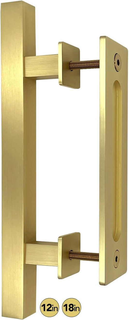 12-Inch Brushed Brass Vintage Gold Barn Door Handle Kit - Stainless Steel Pull Handle Set for Large Sliding Doors - Closet Door Handle with Flush Handle Design (1-Pack)