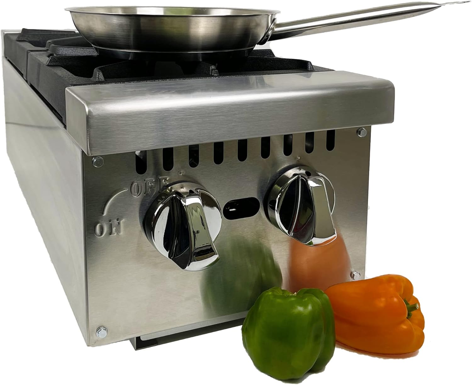 12-Inch Commercial Heavy Duty Gas Hotplate with Two Burners, 50,000 BTU - For Countertop Use