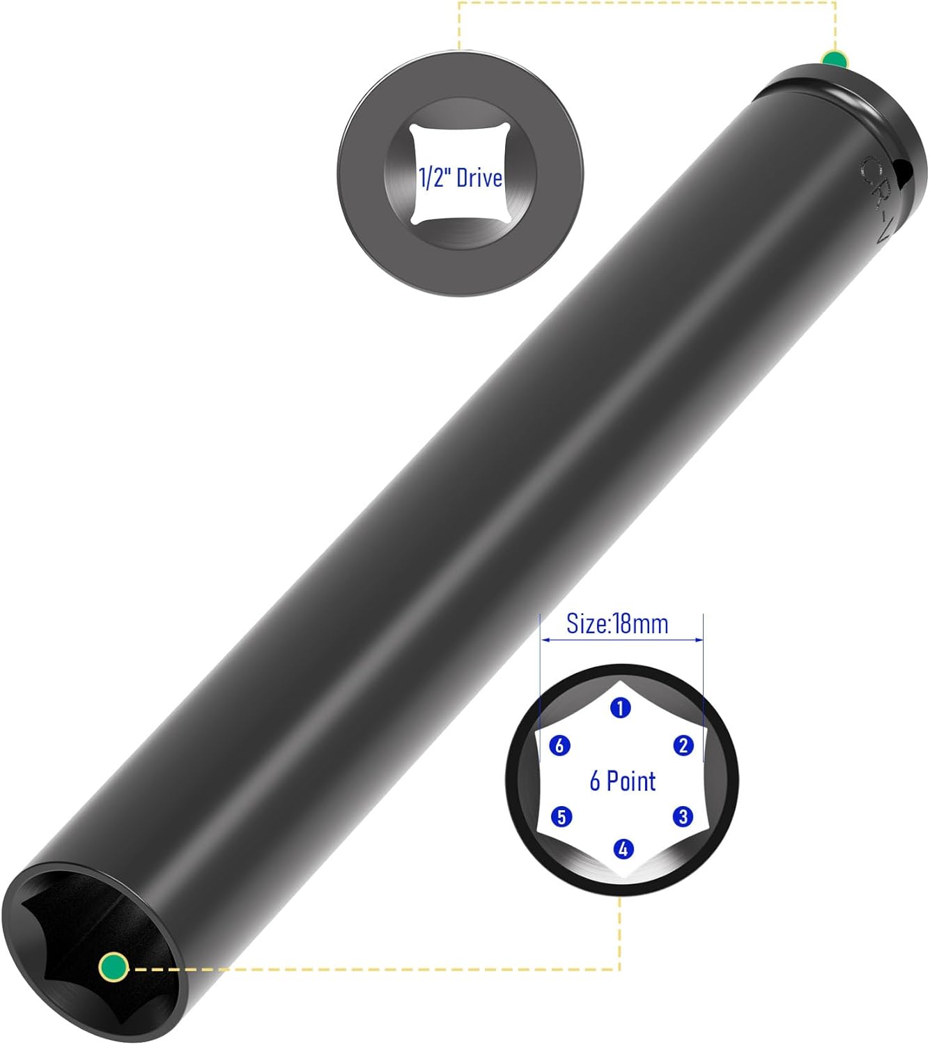 1/2 Inch Drive 18mm Deep Impact Socket, Heat-Treated CR-V Steel, 6-Point Metric Sizes - 6 Inch Length