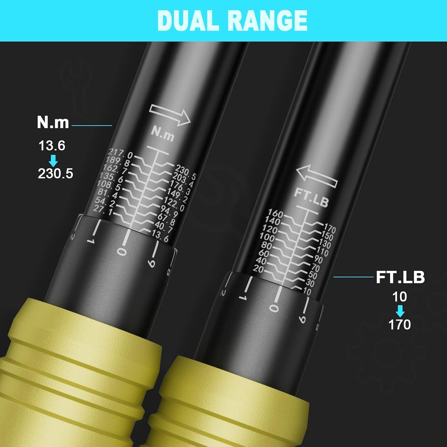 1/2-Inch Drive Click Torque Wrench 10-170 Ft-Lb/13.6-230.5 Nm Dual-Direction 72-Tooth Dual Range Scales Quick Release Reversible Head