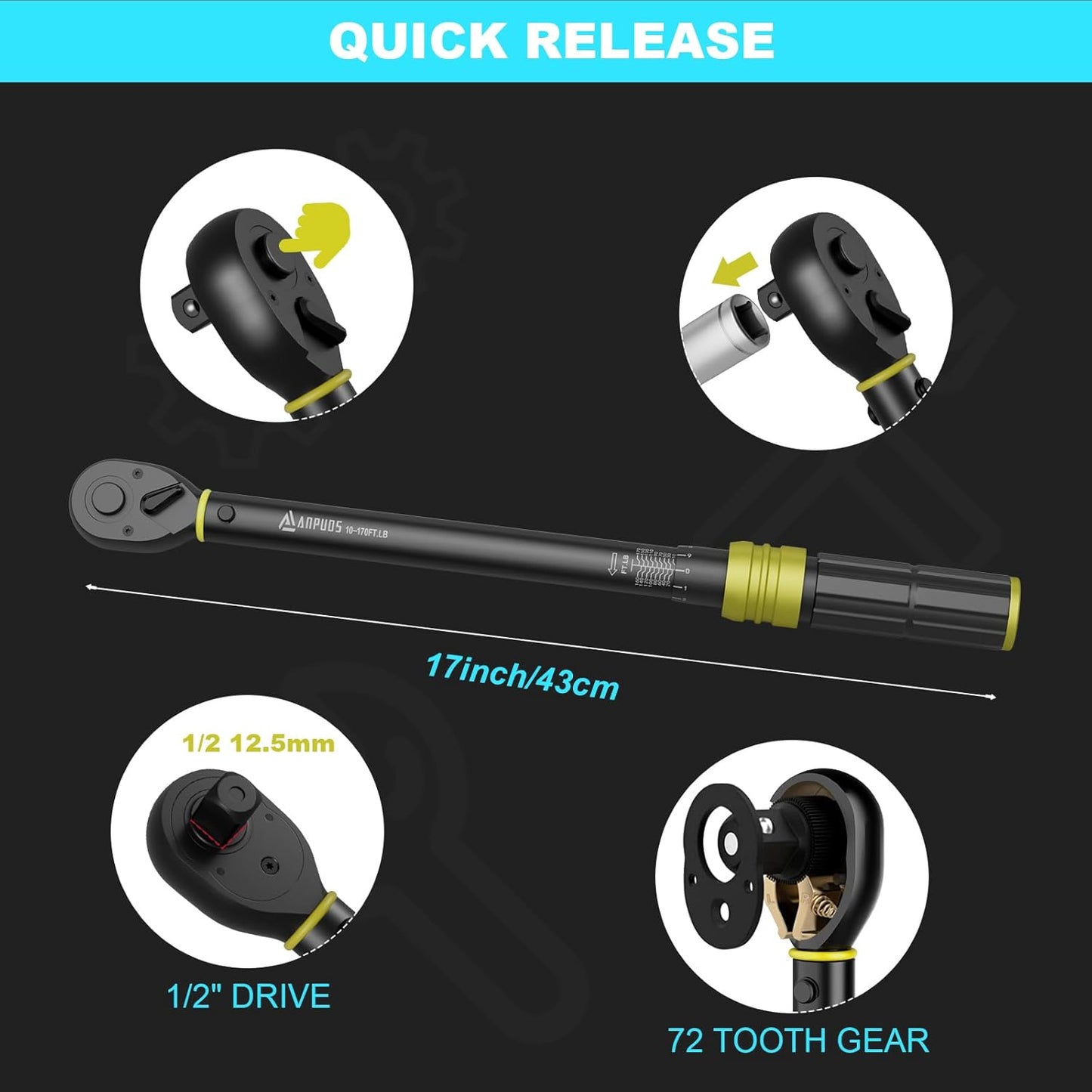 1/2-Inch Drive Click Torque Wrench 10-170 Ft-Lb/13.6-230.5 Nm Dual-Direction 72-Tooth Dual Range Scales Quick Release Reversible Head