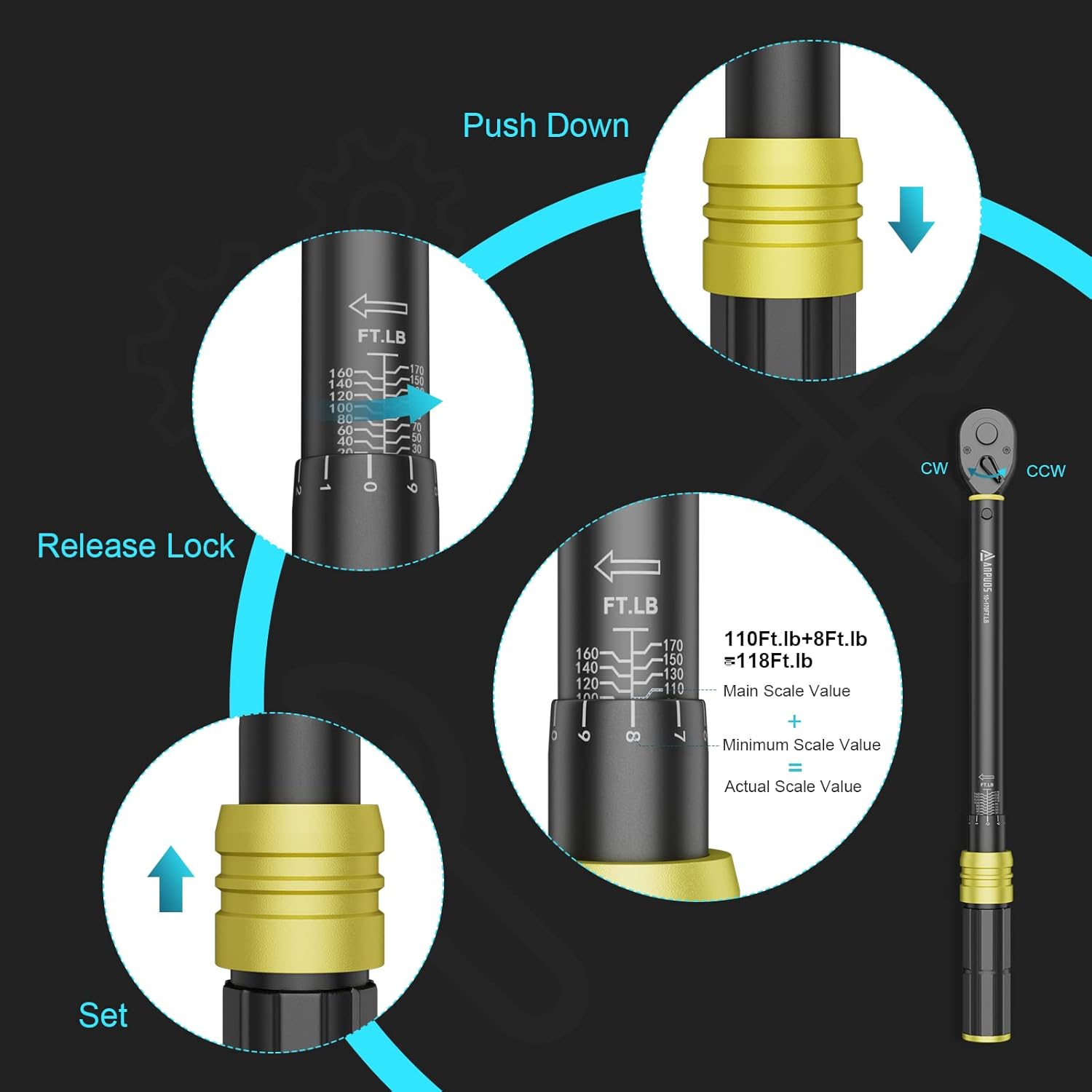 1/2-Inch Drive Click Torque Wrench 10-170 Ft-Lb/13.6-230.5 Nm Dual-Direction 72-Tooth Dual Range Scales Quick Release Reversible Head