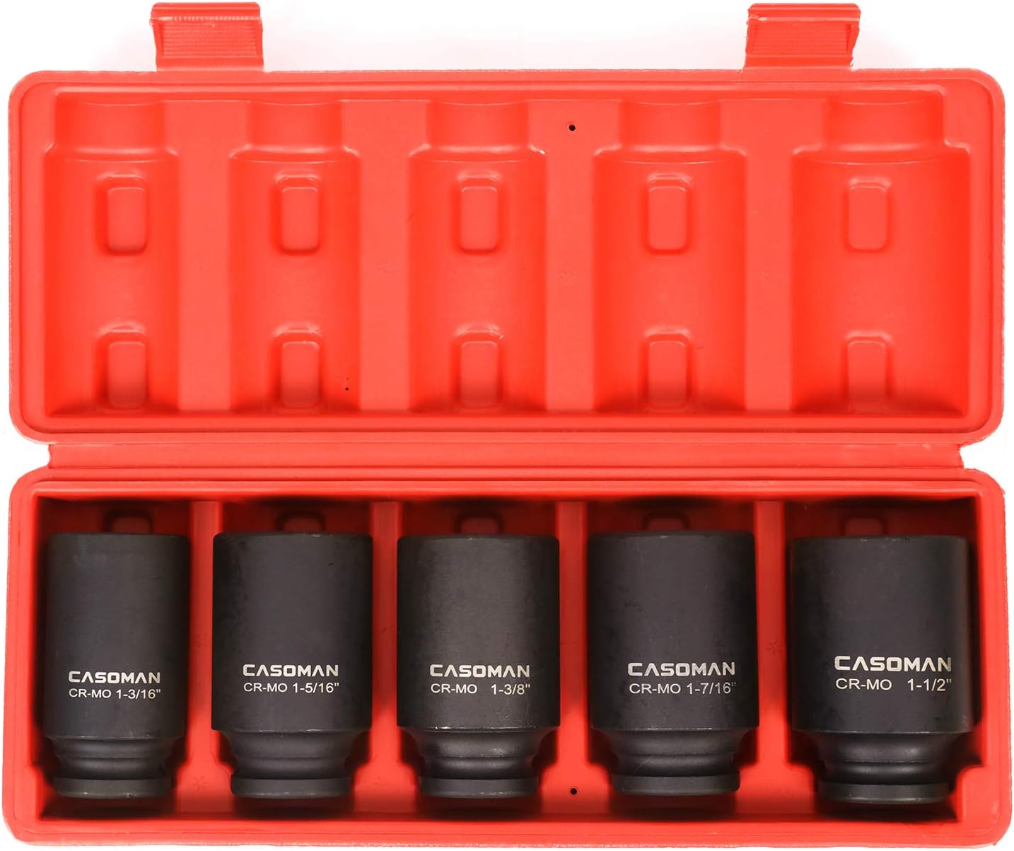 1/2-Inch Drive Deep Impact Socket Set, 5-Piece Axle Nut Socket Set, Cr-Mo, 6-Point, 1-3/16" to 1-1/2" - CASOMAN