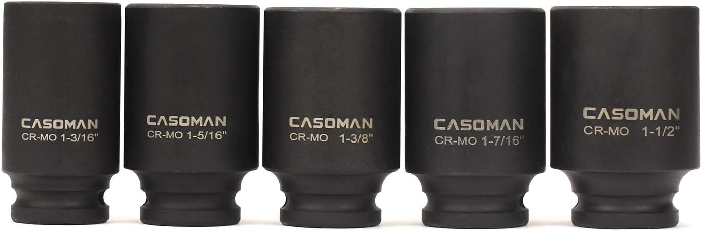 1/2-Inch Drive Deep Impact Socket Set, 5-Piece Axle Nut Socket Set, Cr-Mo, 6-Point, 1-3/16" to 1-1/2" - CASOMAN