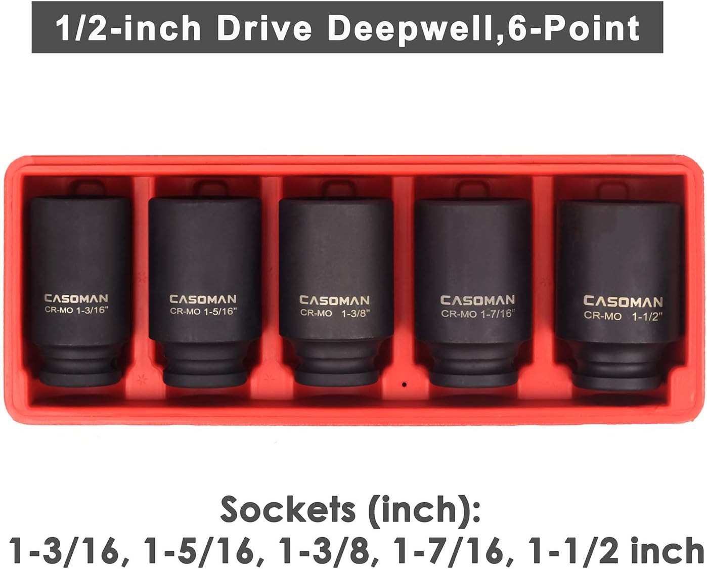 1/2-Inch Drive Deep Impact Socket Set, 5-Piece Axle Nut Socket Set, Cr-Mo, 6-Point, 1-3/16" to 1-1/2" - CASOMAN