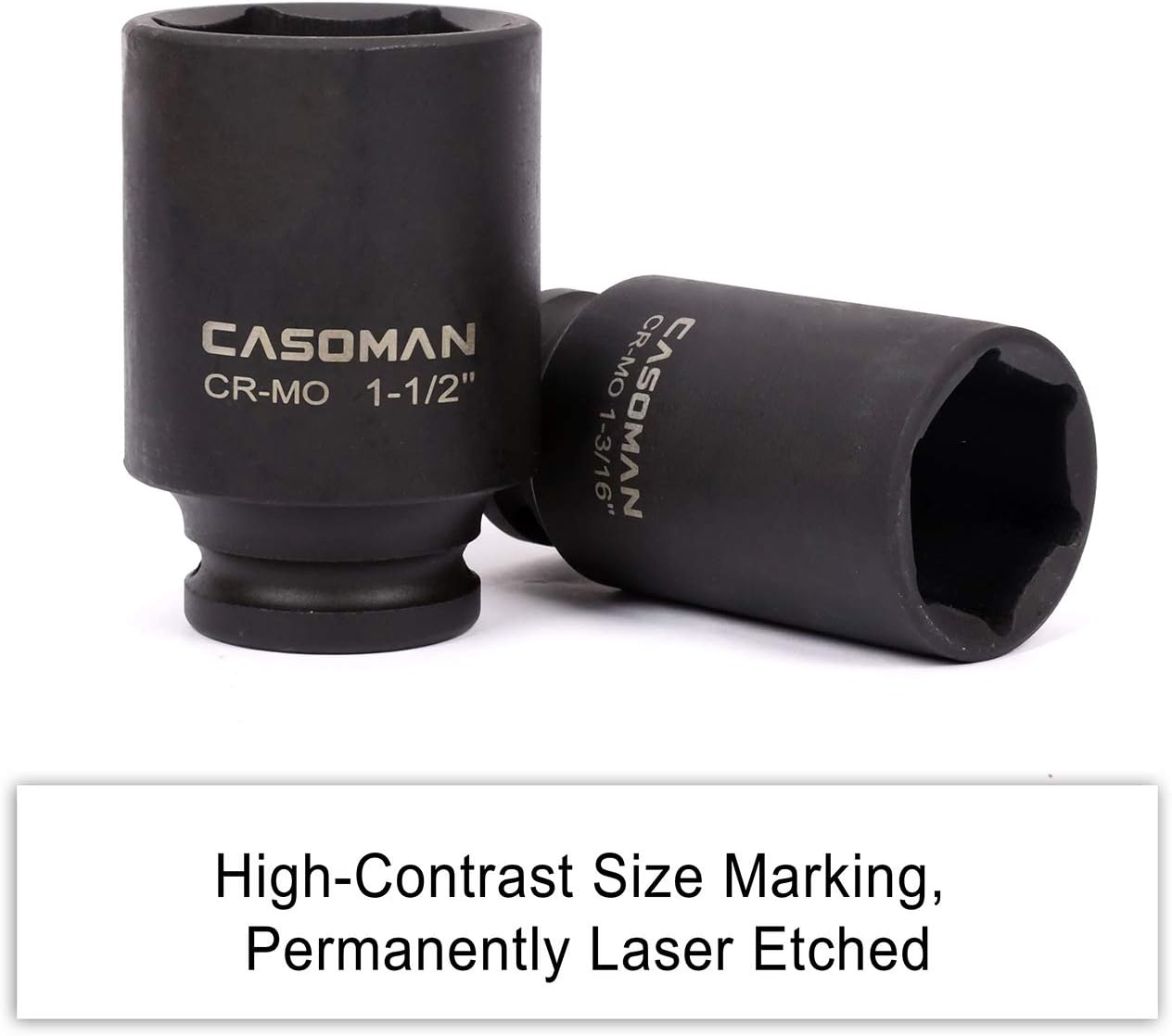 1/2-Inch Drive Deep Impact Socket Set, 5-Piece Axle Nut Socket Set, Cr-Mo, 6-Point, 1-3/16" to 1-1/2" - CASOMAN