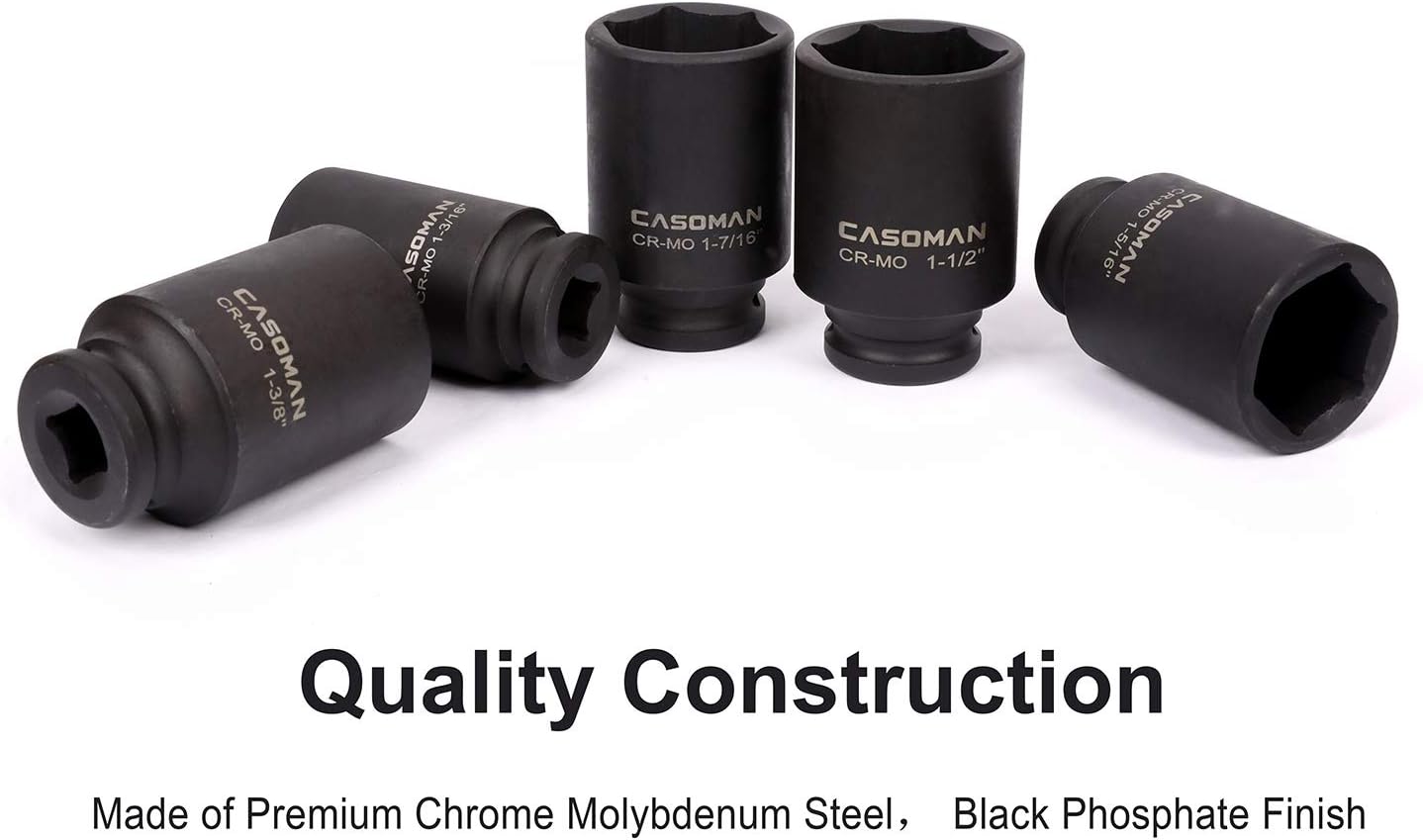 1/2-Inch Drive Deep Impact Socket Set, 5-Piece Axle Nut Socket Set, Cr-Mo, 6-Point, 1-3/16" to 1-1/2" - CASOMAN