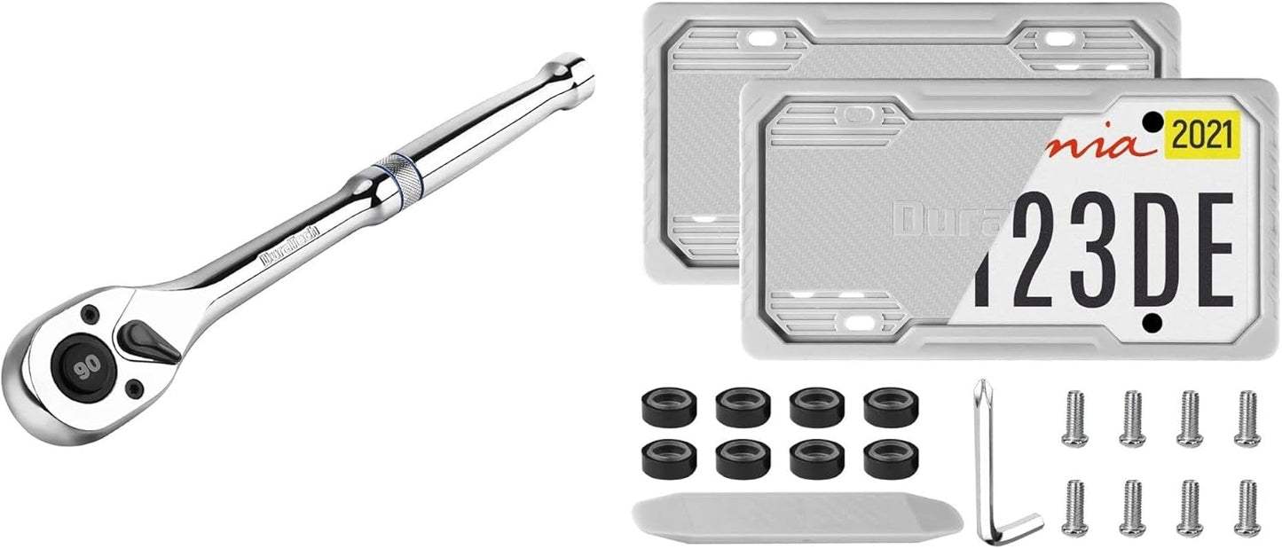 1/2-Inch Drive Ratchet with Silicone License Plate Frames, 90-Tooth Quick-release Wrench for Car, Rust Proof Plate Cover Kit