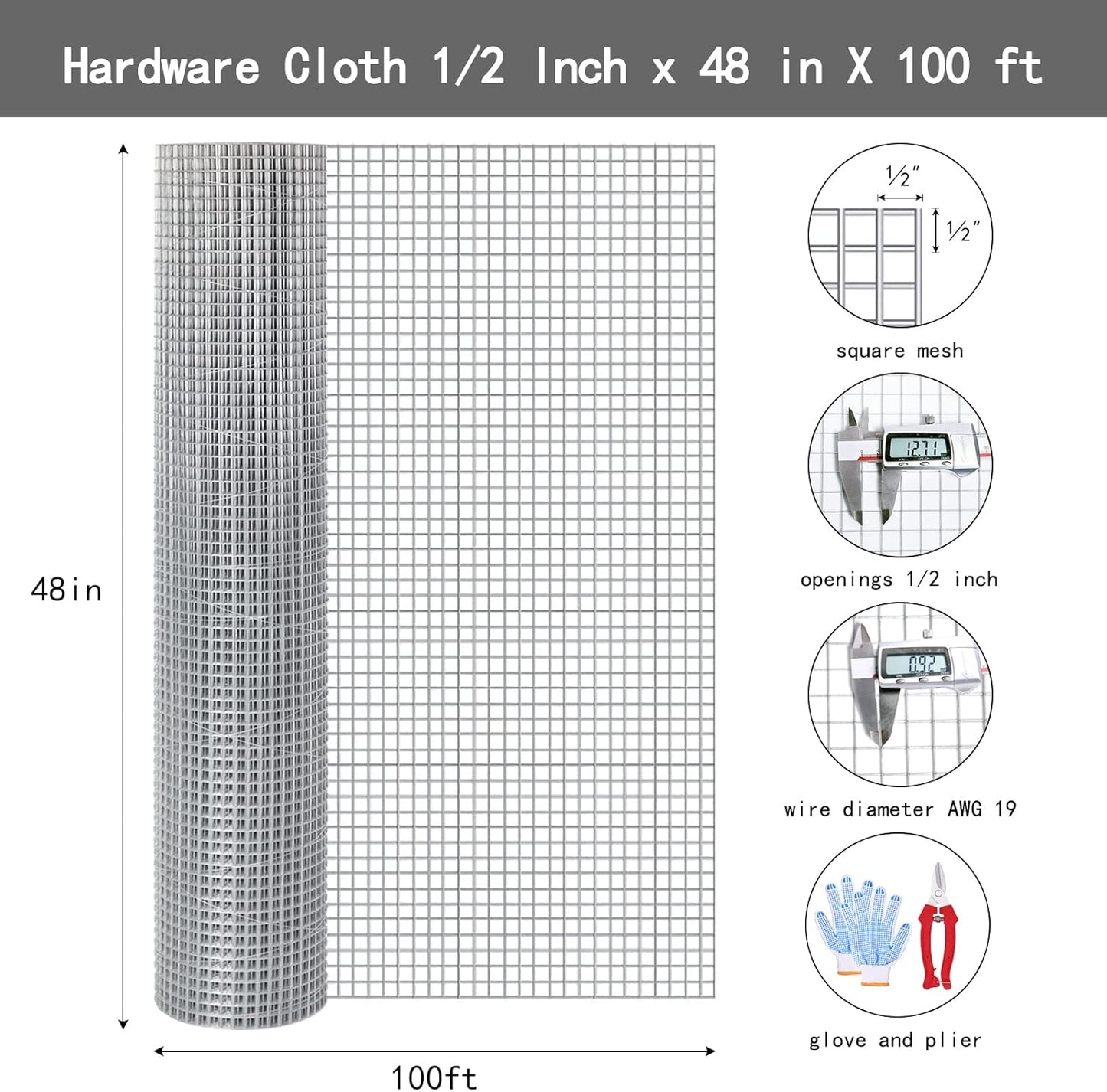 1/2 Inch Hardware Cloth 48 X 100 ft - 19 Gauge Wire Mesh for Chicken Coops, Rabbit Cages, Garden, Small Rodents - Hot Dipped Galvanized Wire Fence - WildKart