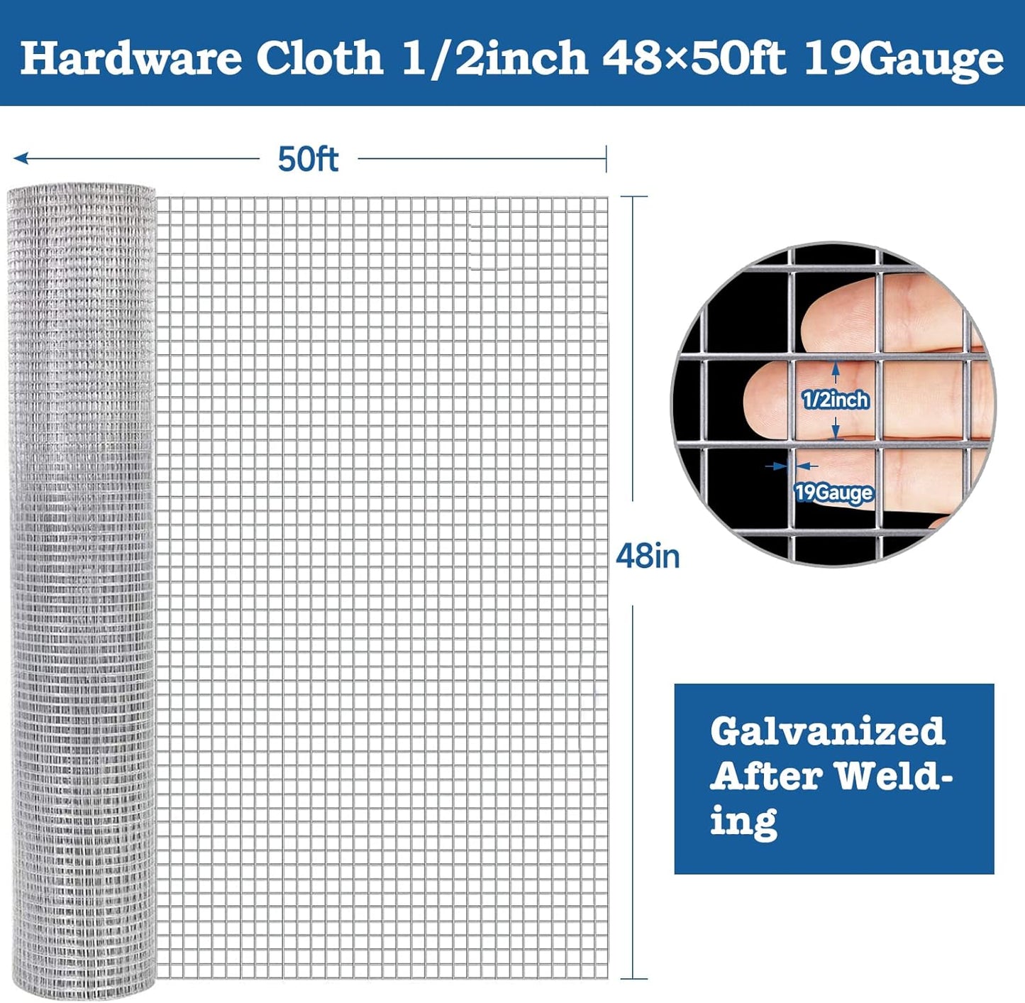 1/2 inch Hardware Cloth 48"x50ft 19 Gauge Galvanized Square Chicken Wire Fence Roll for Raised Garden Beds, Plant Supports, Poultry Netting, Snake Fence - AMAGABELI GARDEN & HOME JW007