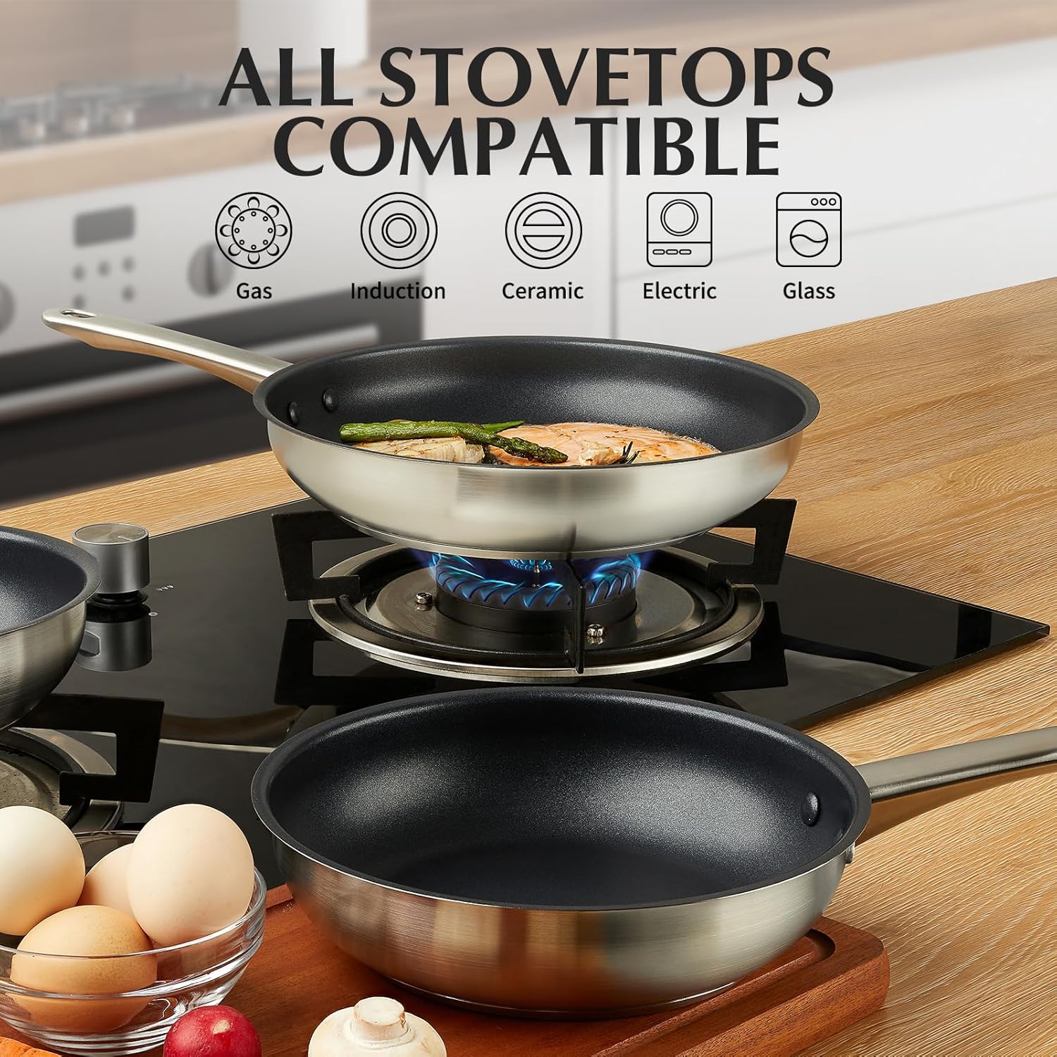 12 Inch Non-Stick Stainless Steel Pan with Stay-Cool Handle for Professional Cooking - Induction & Oven Safe