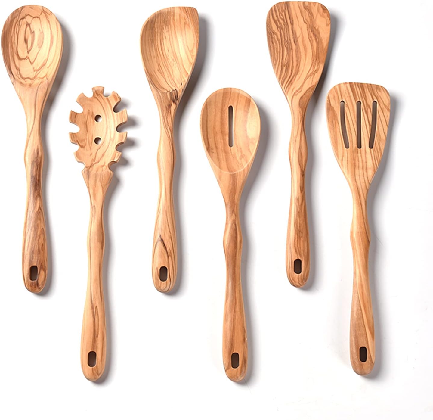 12 inch Olive Wooden Utensils Set for Cooking - Long Handle Spoons, 6 Pieces Crafting Spoon Set - Natural Kitchen Utensil Set