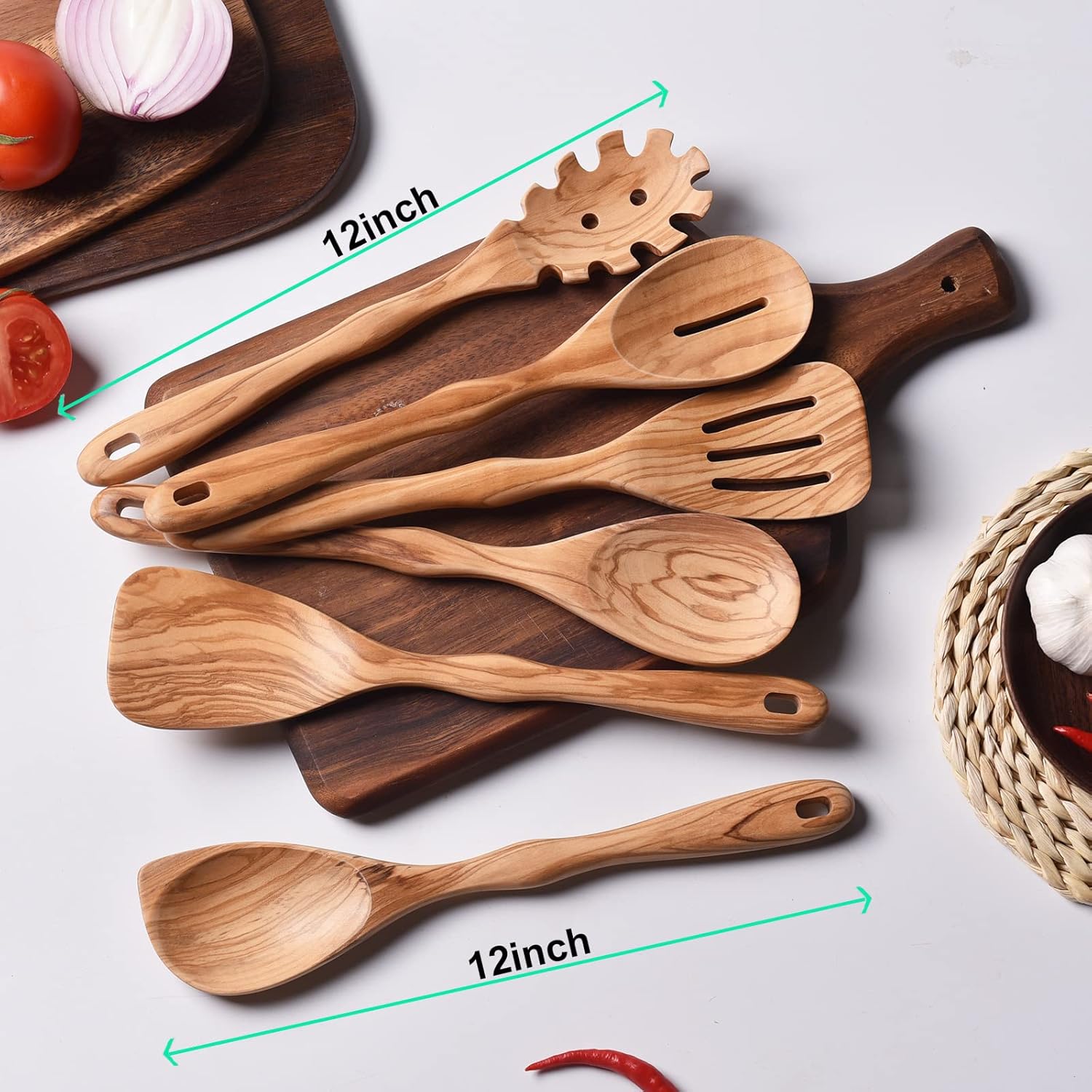 12 inch Olive Wooden Utensils Set for Cooking - Long Handle Spoons, 6 Pieces Crafting Spoon Set - Natural Kitchen Utensil Set
