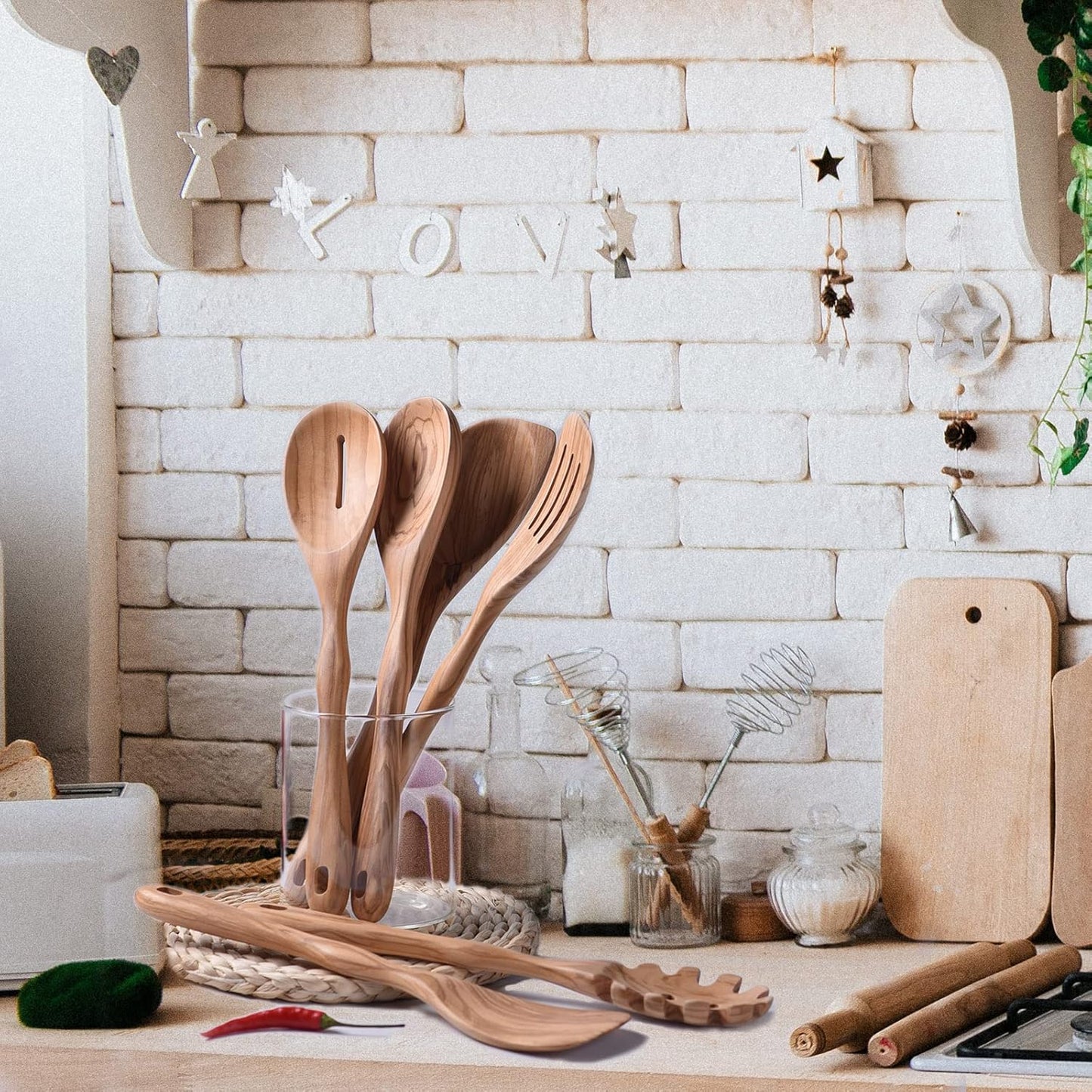 12 inch Olive Wooden Utensils Set for Cooking - Long Handle Spoons, 6 Pieces Crafting Spoon Set - Natural Kitchen Utensil Set