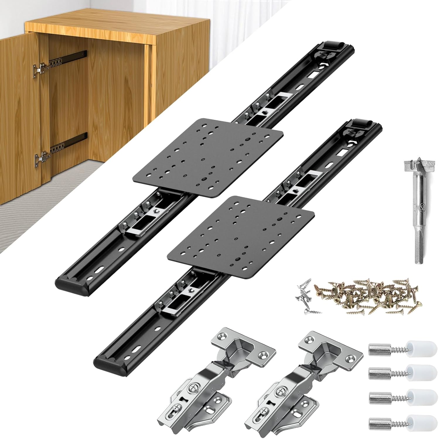 12-Inch Pisman Pocket Door Slides and Hinges Hardware Set for Inset Cabinets and Disappearing Doors