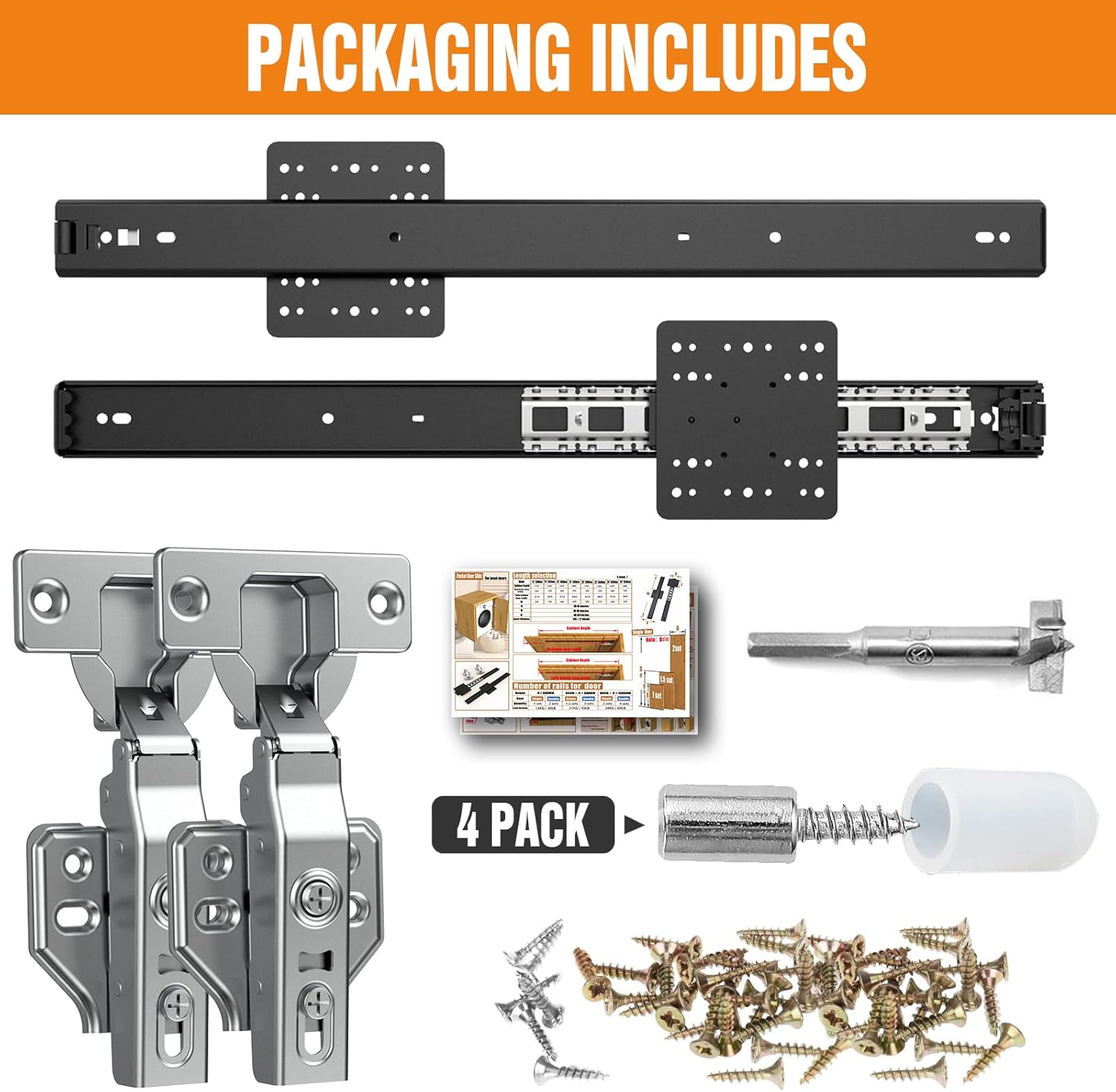 12-Inch Pisman Pocket Door Slides and Hinges Hardware Set for Inset Cabinets and Disappearing Doors
