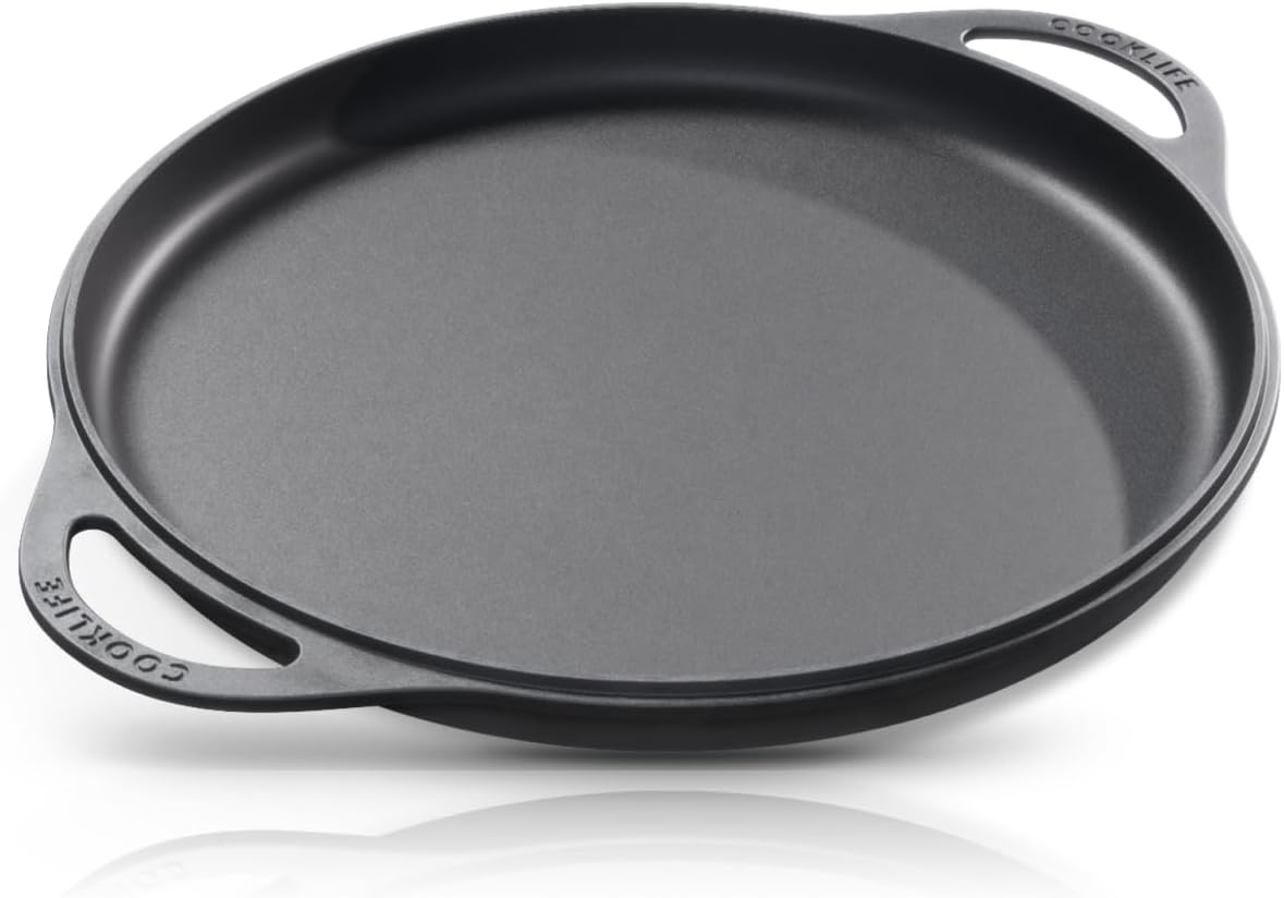 12 Inch Pre-Seasoned Cast Iron Griddle Pan for Pizza, Oven, Stove, Grill, Campfire - Easy to Clean Smooth Surface - Black
