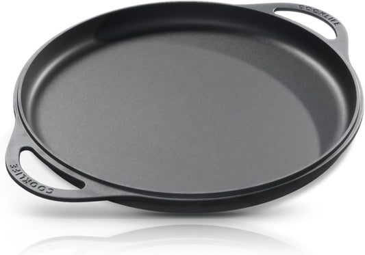 12 Inch Pre-Seasoned Cast Iron Griddle Pan for Pizza, Oven, Stove, Grill, Campfire - Easy to Clean Smooth Surface - Black