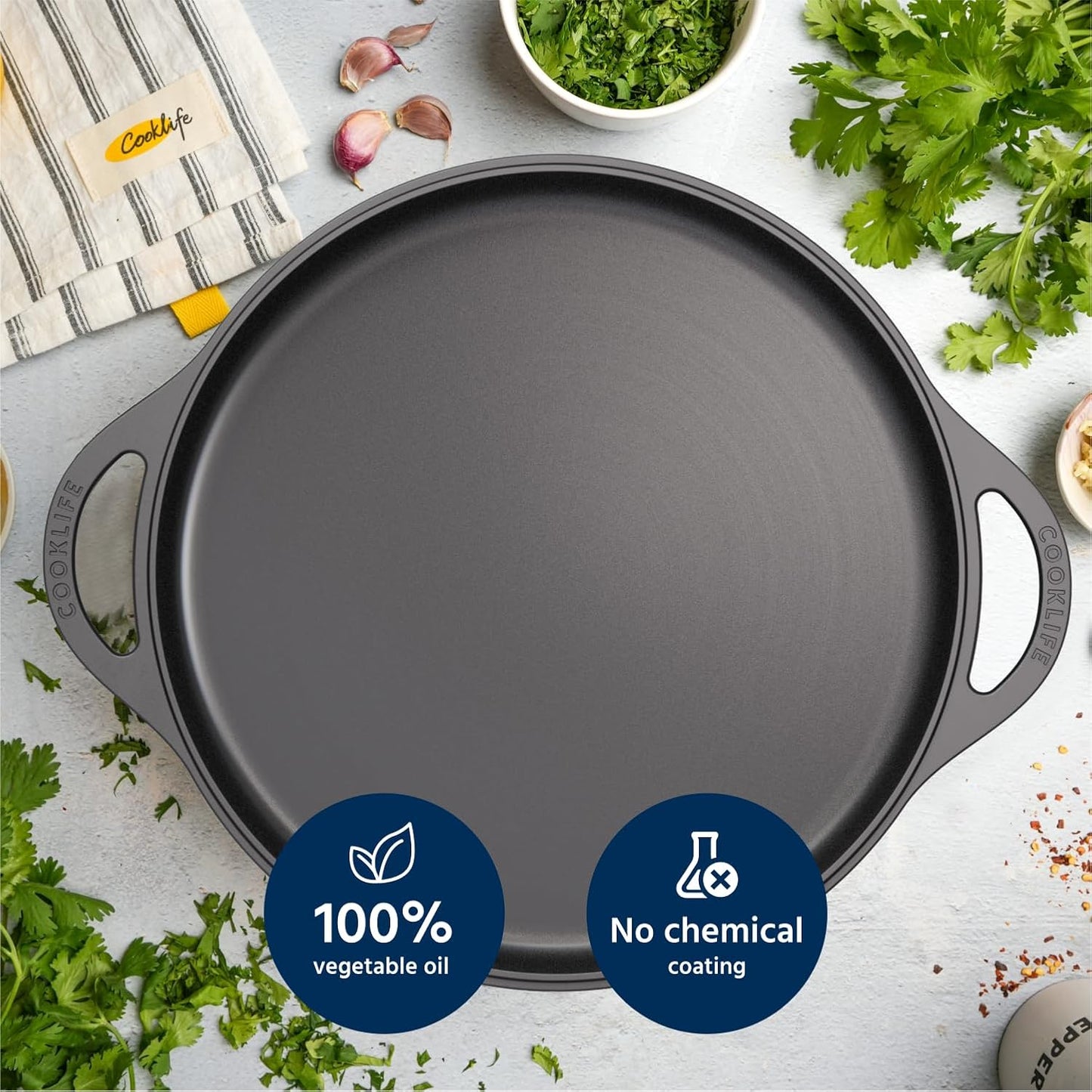 12 Inch Pre-Seasoned Cast Iron Griddle Pan for Pizza, Oven, Stove, Grill, Campfire - Easy to Clean Smooth Surface - Black