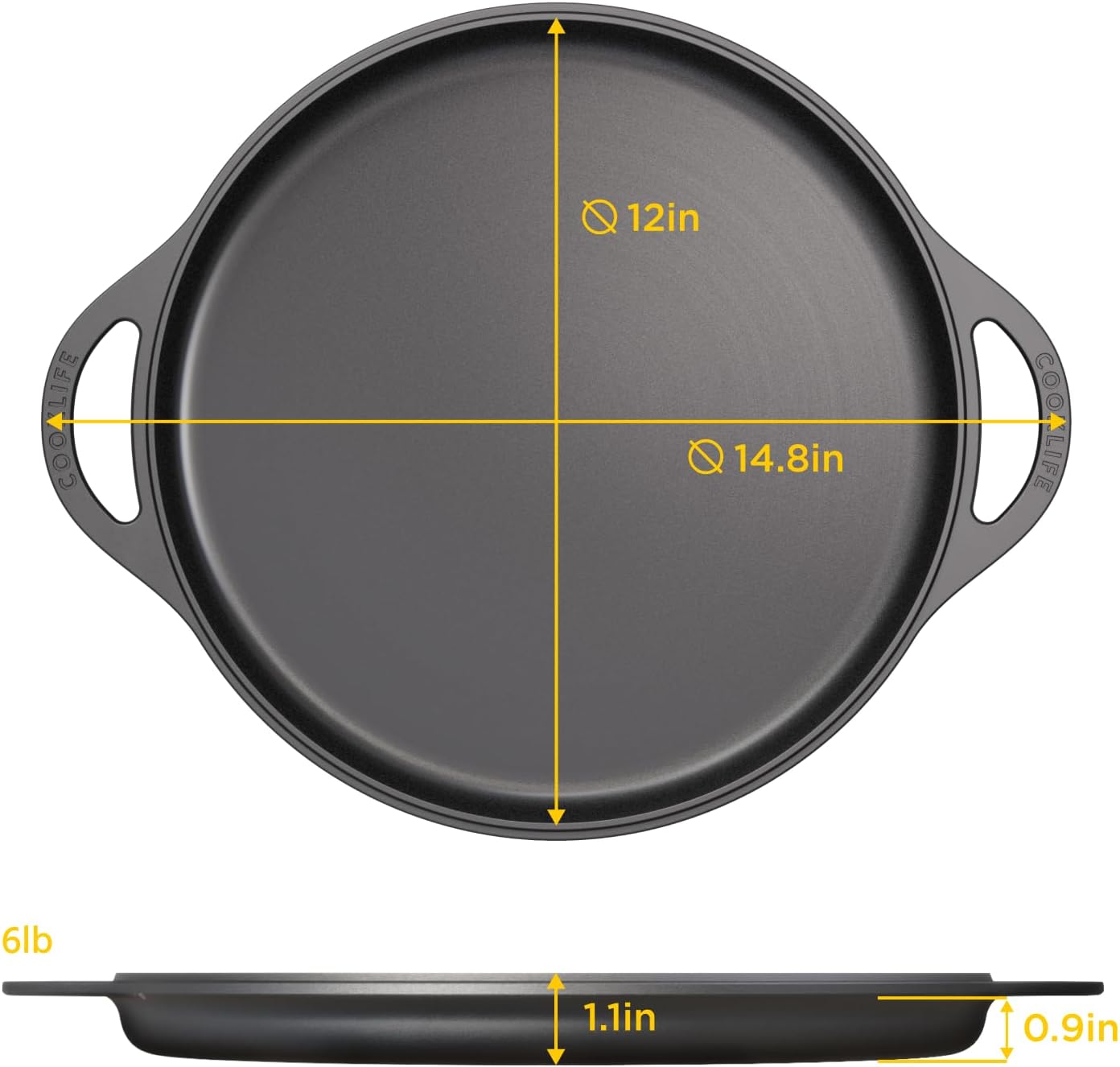12 Inch Pre-Seasoned Cast Iron Griddle Pan for Pizza, Oven, Stove, Grill, Campfire - Easy to Clean Smooth Surface - Black