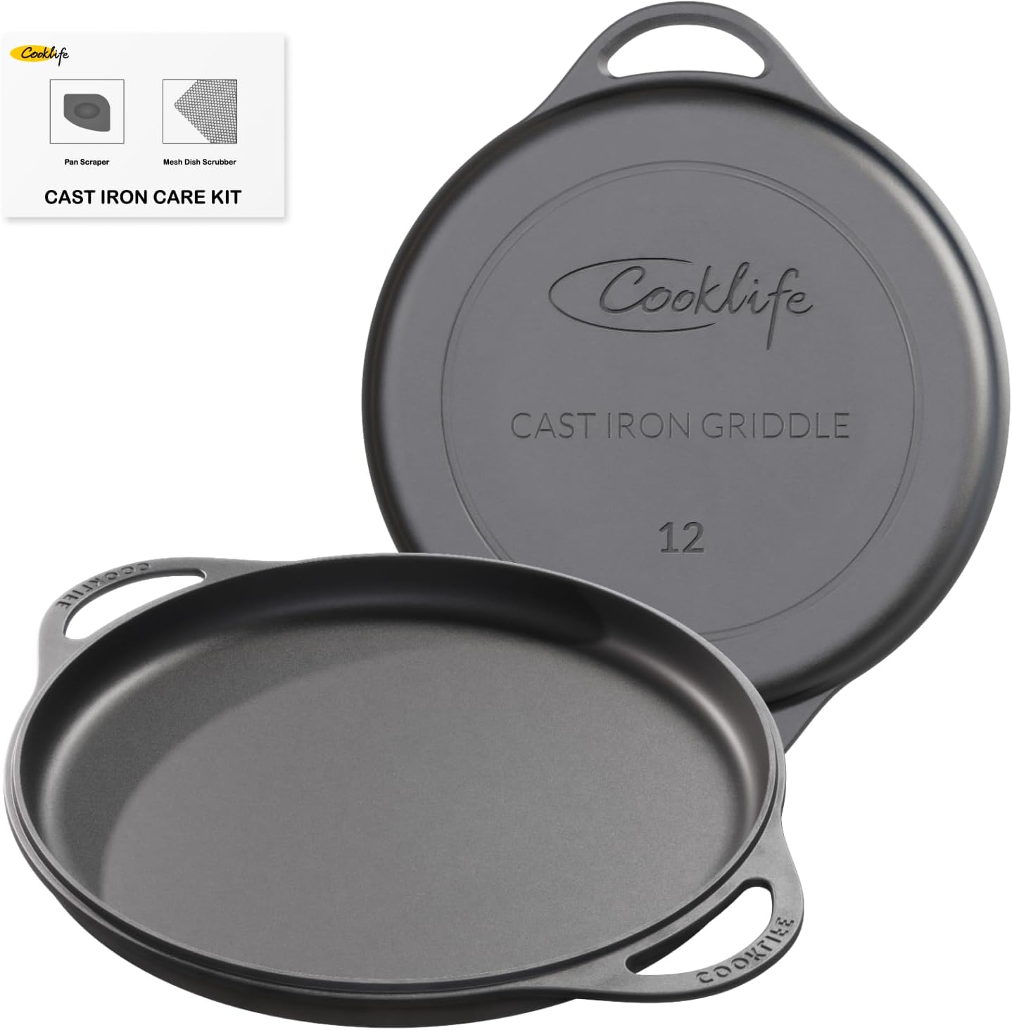 12 Inch Pre-Seasoned Cast Iron Griddle Pan for Pizza, Oven, Stove, Grill, Campfire - Easy to Clean Smooth Surface - Black