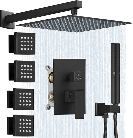 12 Inch Rain Shower Head System with Full Body Jets, Wall Mounted High Pressure Rainfall Shower Faucet Combo - Matte Black