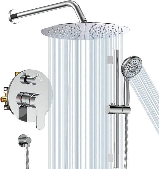 12 Inch Shower System with Slide Bar Faucet Sets, Round Shower Heads, 6-Spray Handheld Combo, Wall Mounted Dual Shower Set - Valve and Trim Kit Included - Polished Chrome by SR SUN RISE