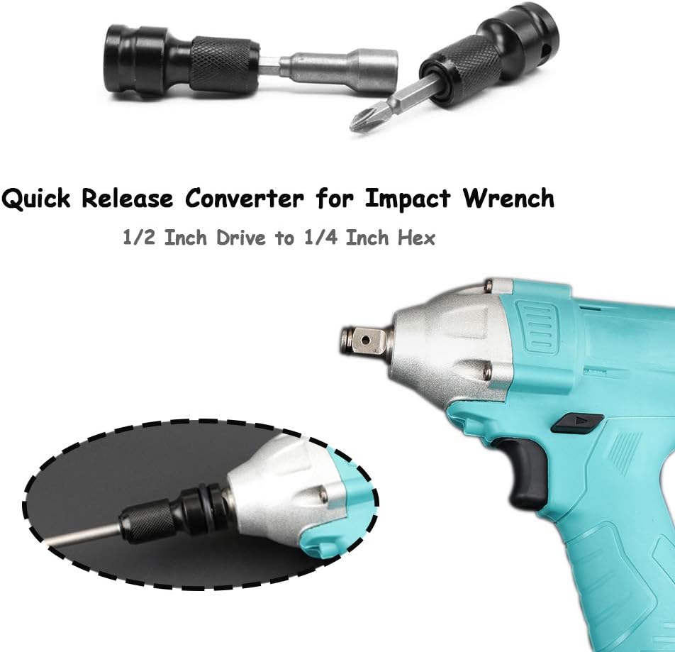 1/2 Inch Square Drive to 1/4 Inch Hex Socket Adapter Set for Impact Wrench - Pack of 2