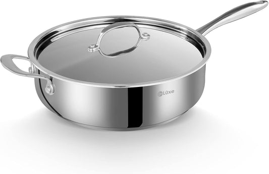 12 Inch Stainless Steel Skillet Frying Pan with Lid, Stay-Cool Handle - 5qt Deep Sauté Pan for Deep-Fry, Braise, Stew - Induction Gas Stove Compatible
