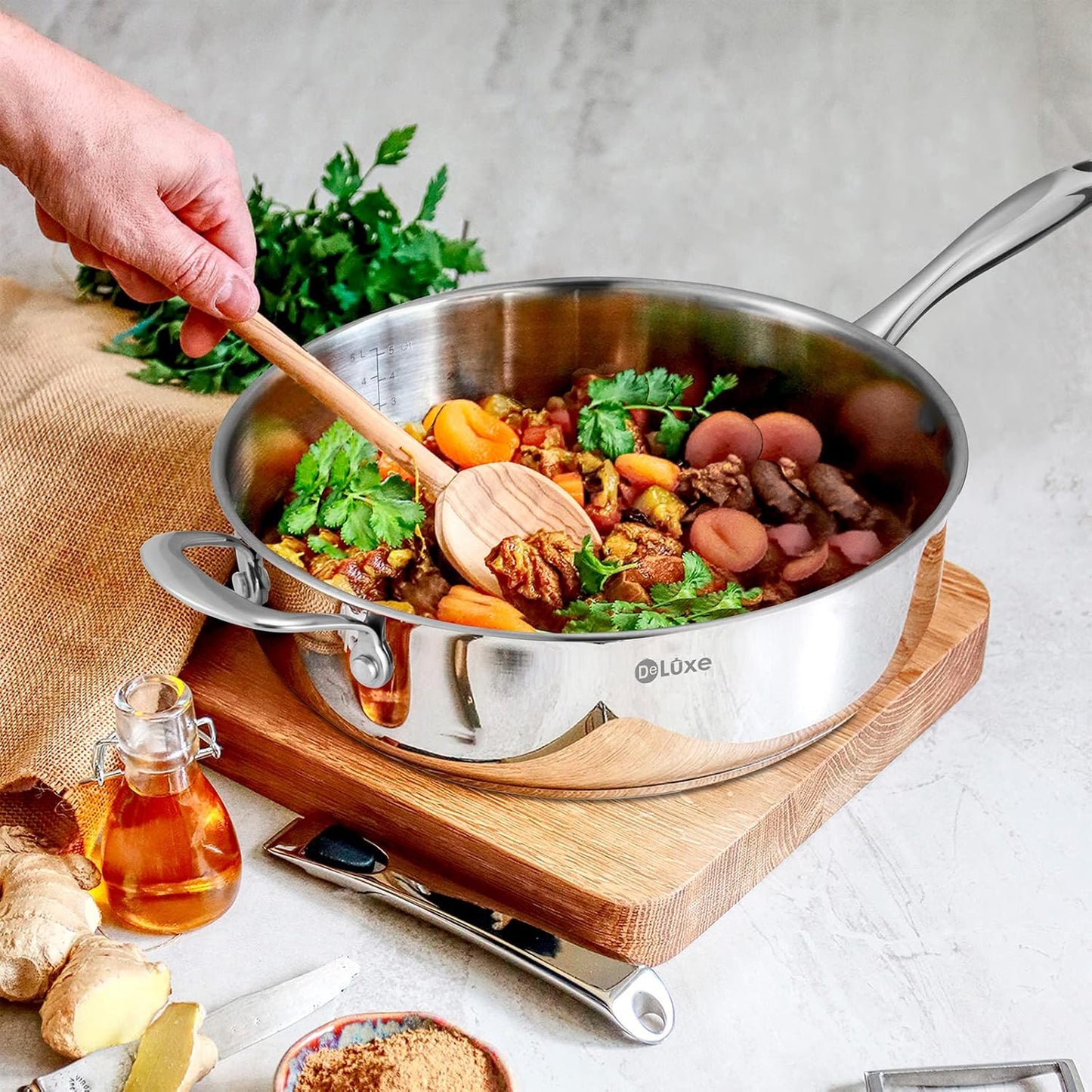 12 Inch Stainless Steel Skillet Frying Pan with Lid, Stay-Cool Handle - 5qt Deep Sauté Pan for Deep-Fry, Braise, Stew - Induction Gas Stove Compatible