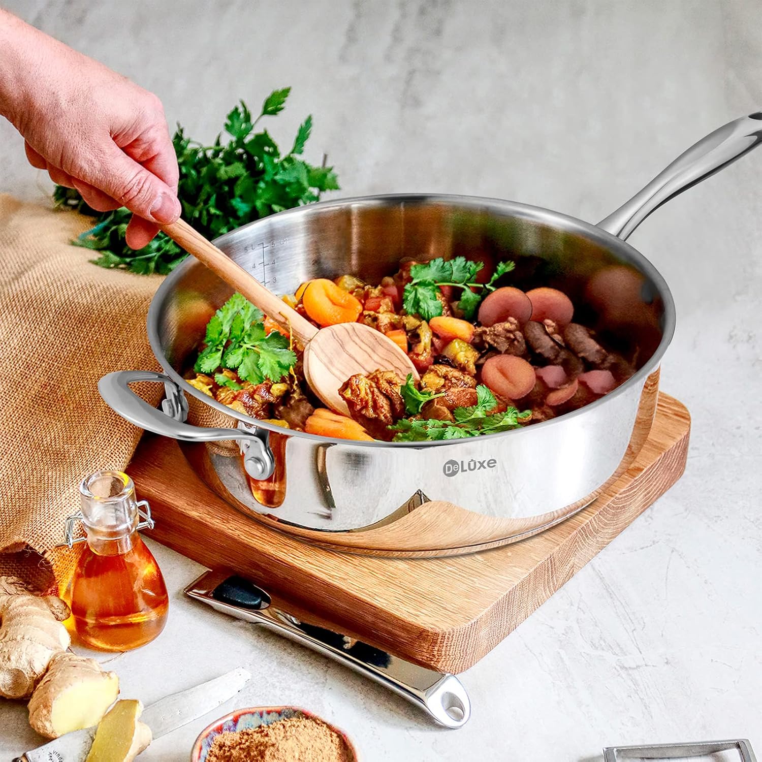 12 Inch Stainless Steel Skillet Frying Pan with Lid, Stay-Cool Handle - 5qt Deep Sauté Pan for Deep-Fry, Braise, Stew - Induction Gas Stove Compatible