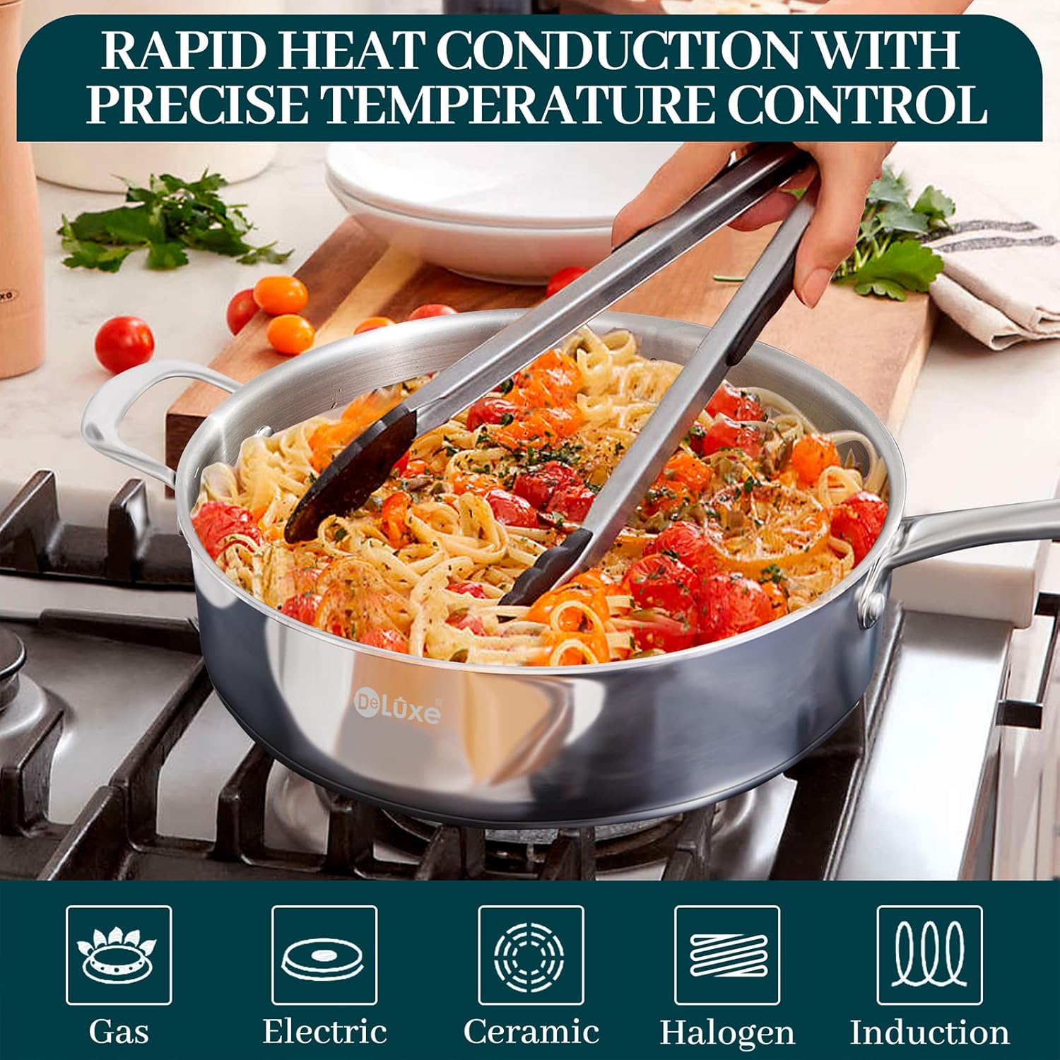 12 Inch Stainless Steel Skillet Frying Pan with Lid, Stay-Cool Handle - 5qt Deep Sauté Pan for Deep-Fry, Braise, Stew - Induction Gas Stove Compatible