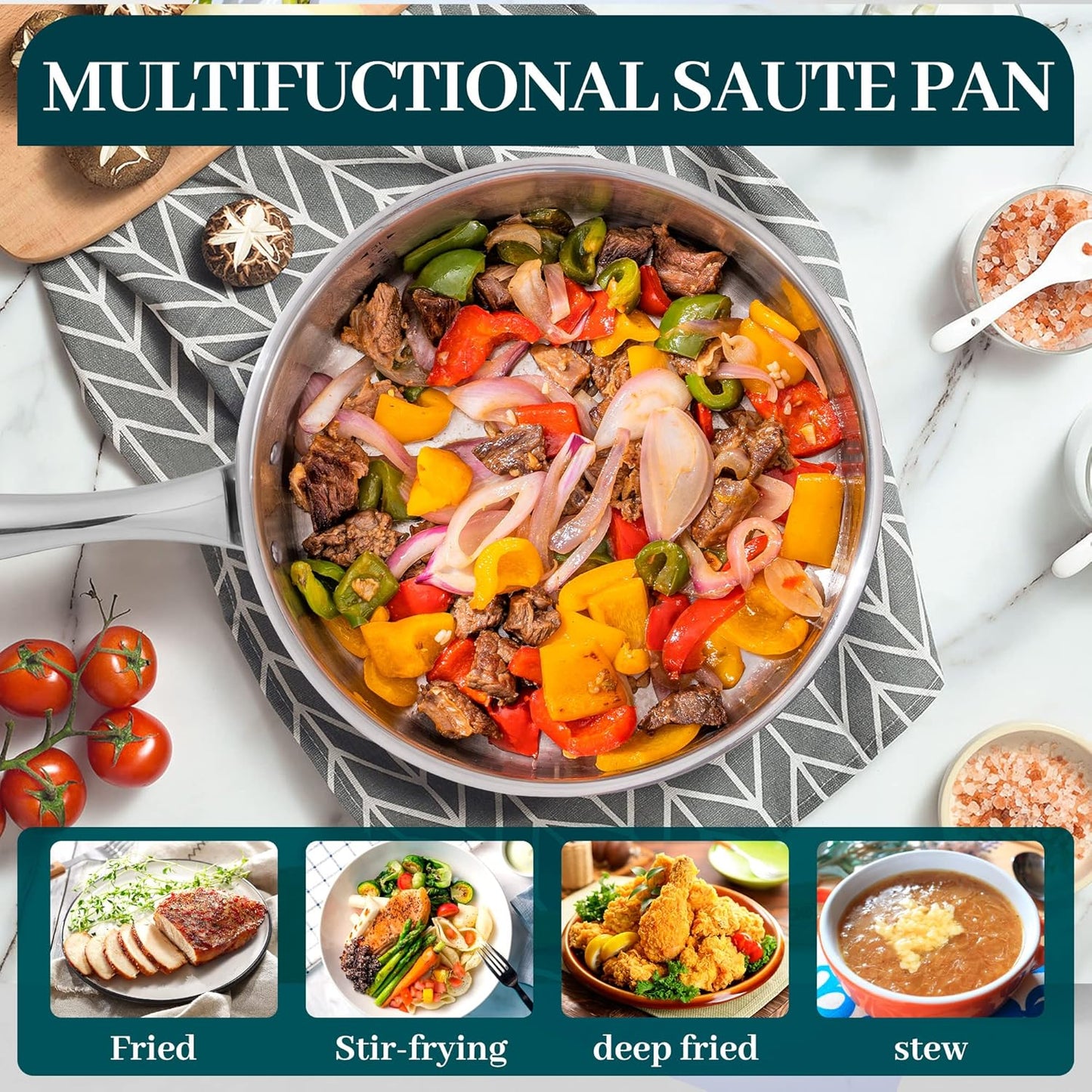 12 Inch Stainless Steel Skillet Frying Pan with Lid, Stay-Cool Handle - 5qt Deep Sauté Pan for Deep-Fry, Braise, Stew - Induction Gas Stove Compatible