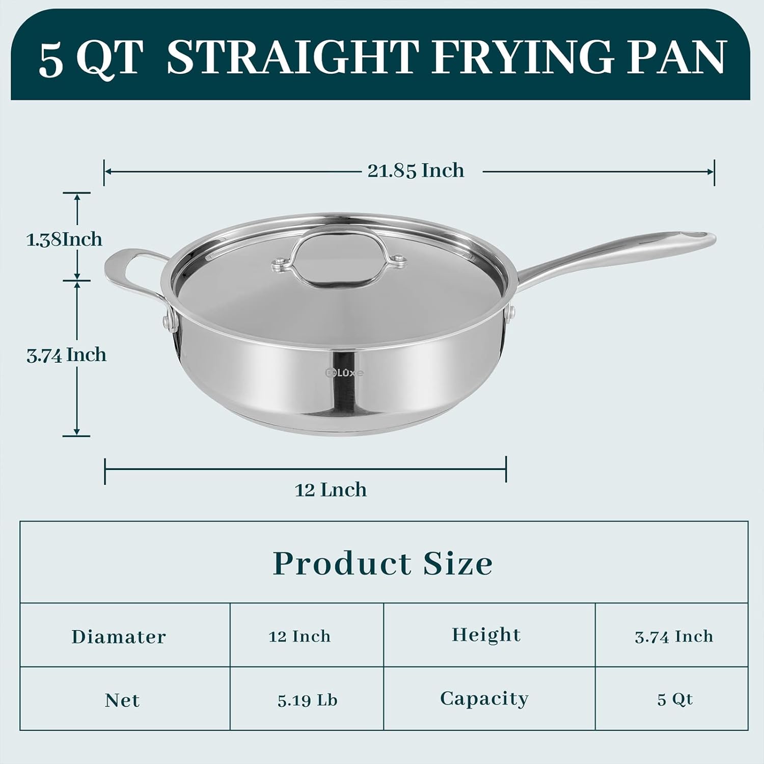 12 Inch Stainless Steel Skillet Frying Pan with Lid, Stay-Cool Handle - 5qt Deep Sauté Pan for Deep-Fry, Braise, Stew - Induction Gas Stove Compatible