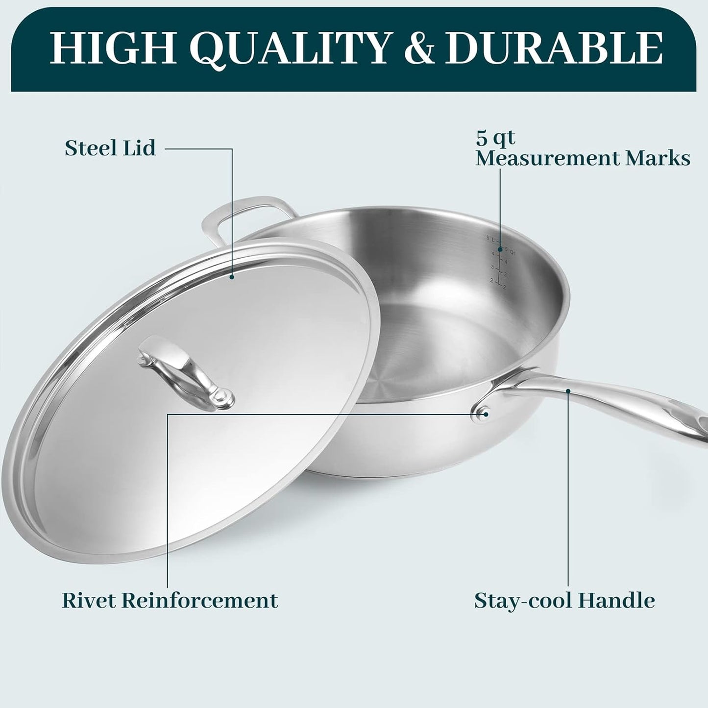 12 Inch Stainless Steel Skillet Frying Pan with Lid, Stay-Cool Handle - 5qt Deep Sauté Pan for Deep-Fry, Braise, Stew - Induction Gas Stove Compatible