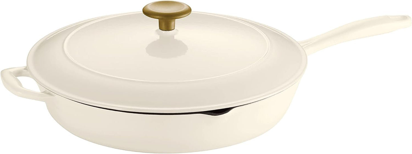 12-inch Tramontina Enameled Cast Iron Skillet with Lid - Latte Color and Gold Knob