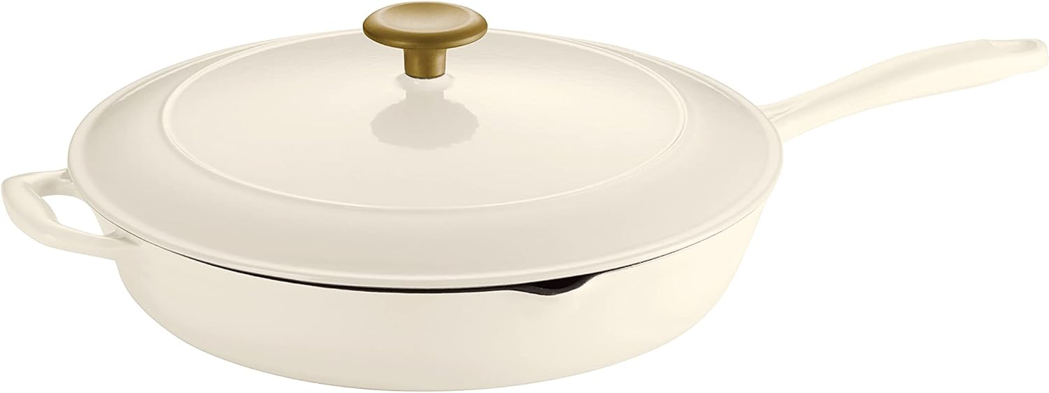 12-inch Tramontina Enameled Cast Iron Skillet with Lid - Latte Color and Gold Knob